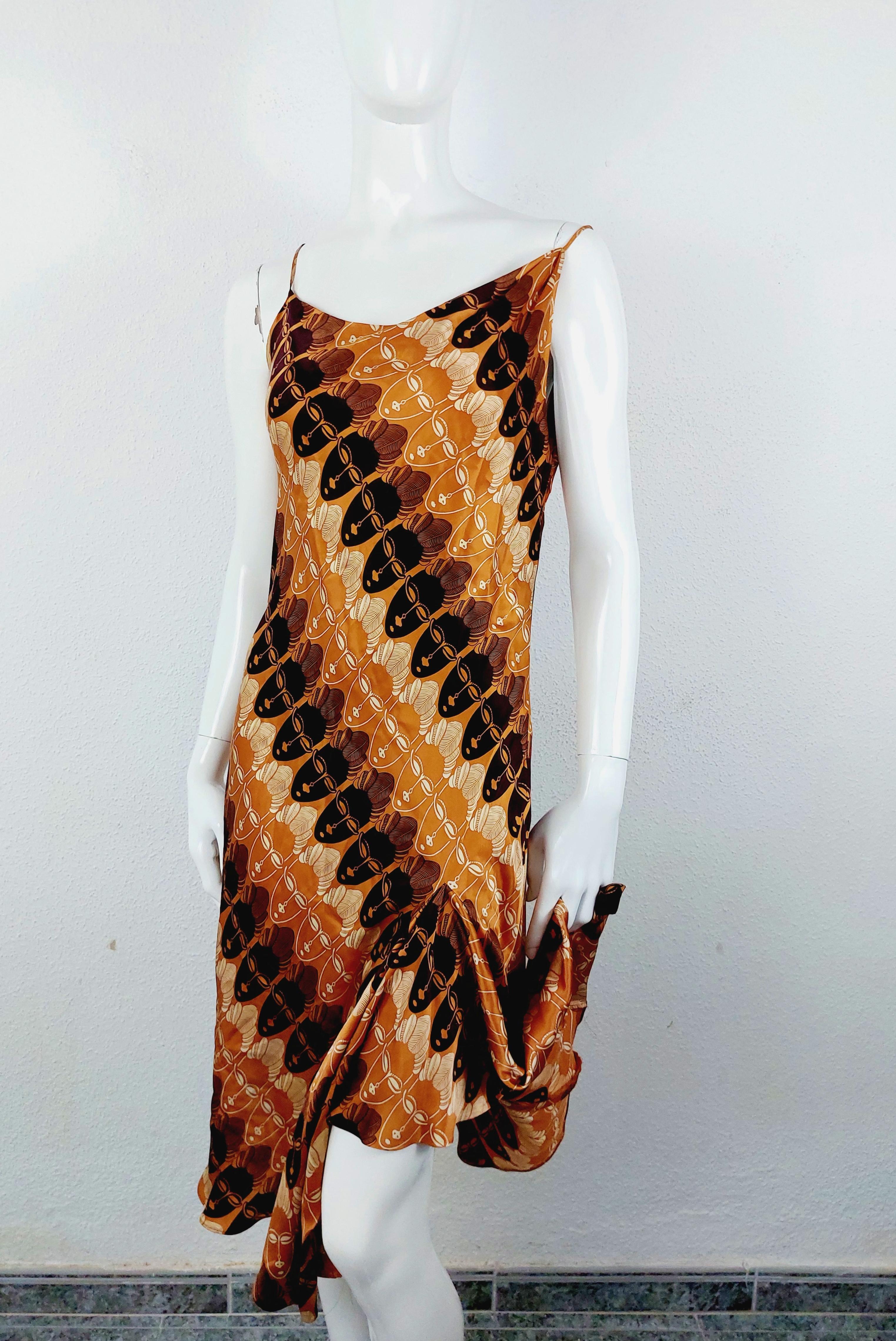 Thierry Mugler Tiki Mask Faces Ethnic African Tribal Silk Split Asymmetric Dress For Sale 6