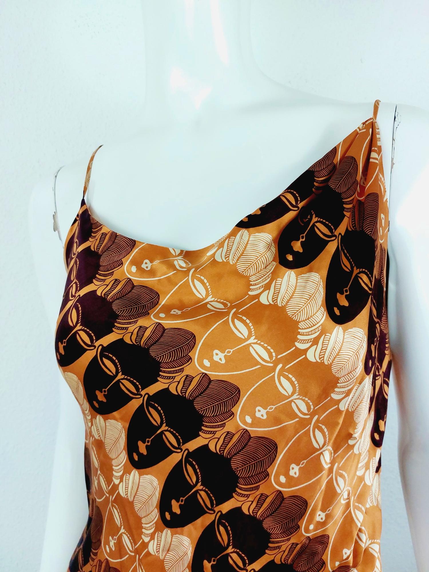 Thierry Mugler Tiki Mask Faces Ethnic African Tribal Silk Split Asymmetric Dress For Sale 7