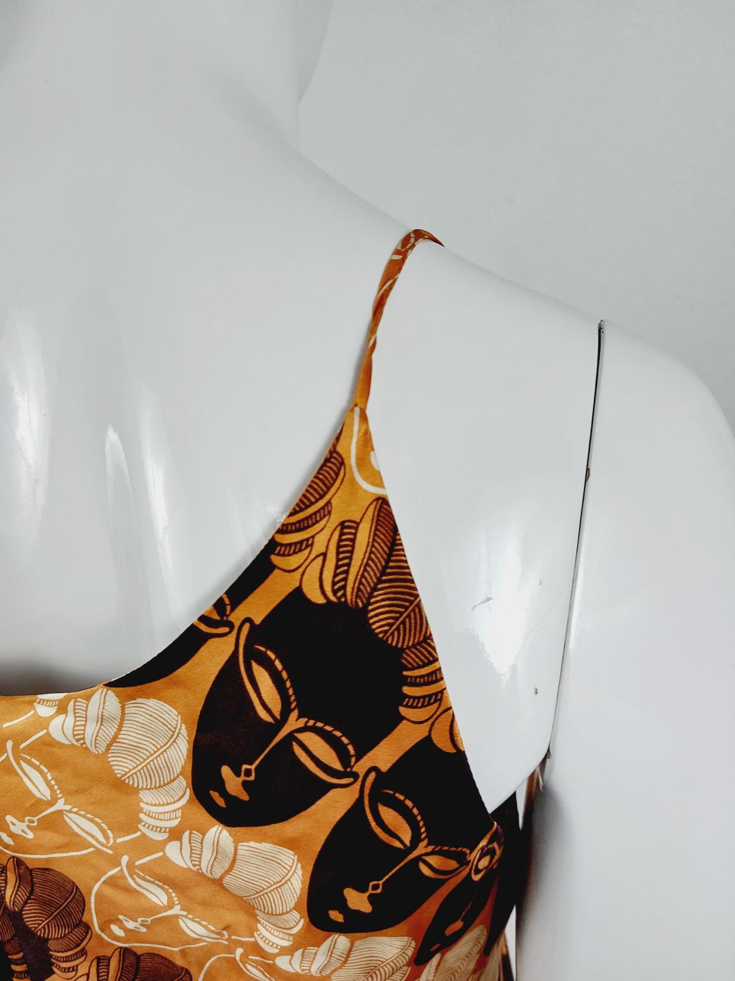 Thierry Mugler Tiki Mask Faces Ethnic African Tribal Silk Split Asymmetric Dress For Sale 1
