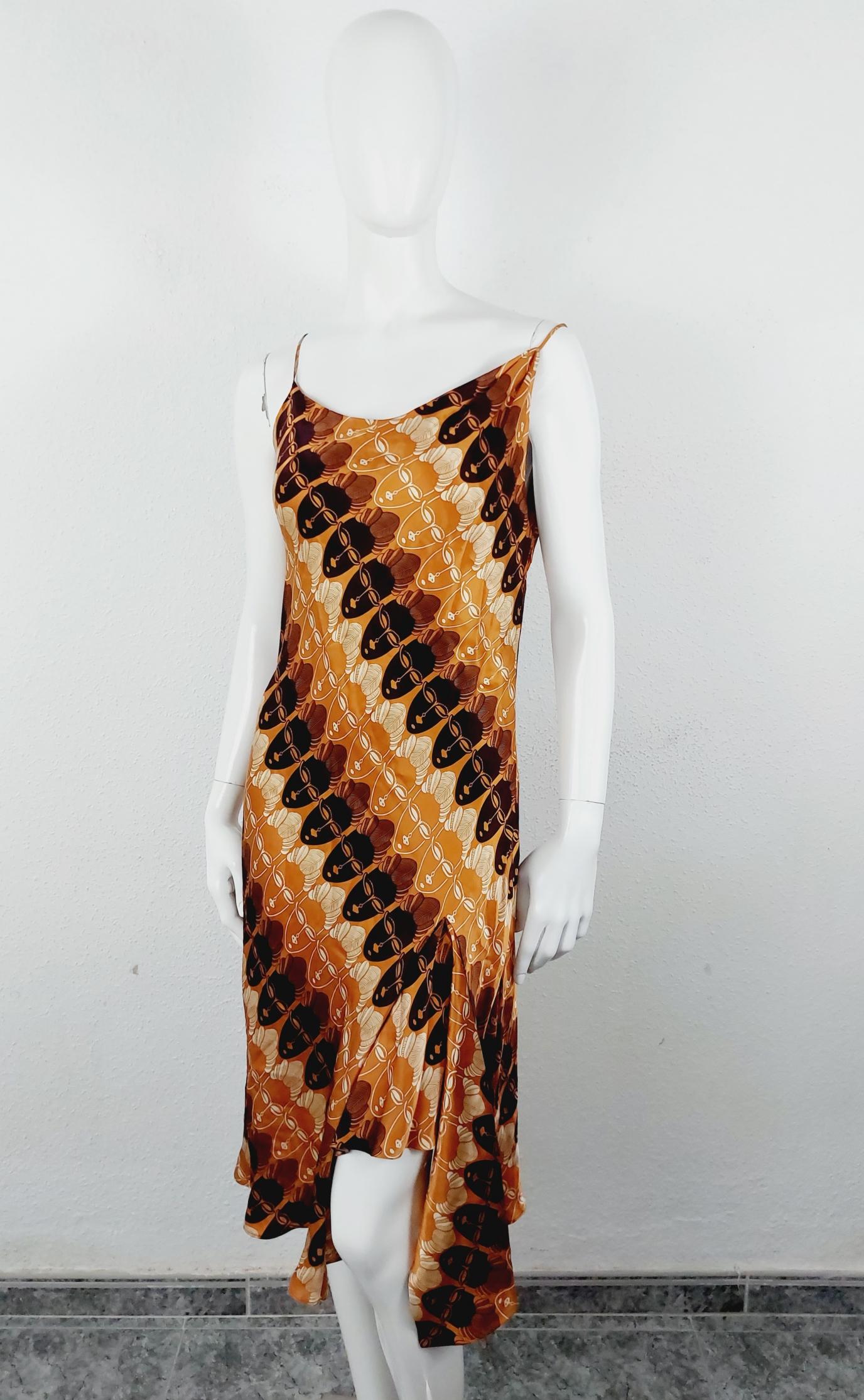 Thierry Mugler Tiki Mask Faces Ethnic African Tribal Silk Split Asymmetric Dress For Sale 4