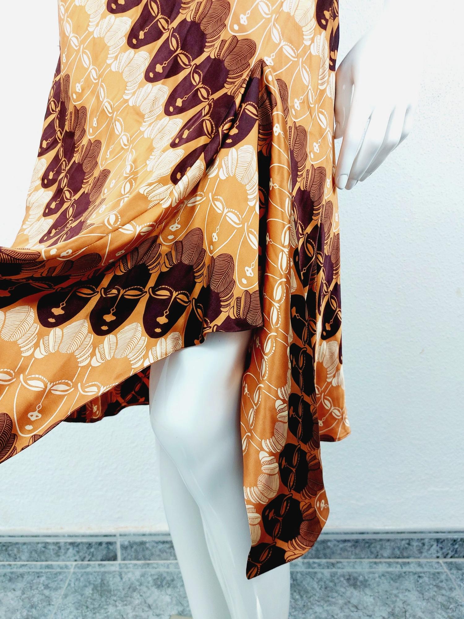 Thierry Mugler Tiki Mask Faces Ethnic African Tribal Silk Split Asymmetric Dress For Sale 5