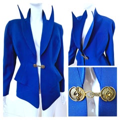 Thierry Mugler Vampire Blau Couture Kette Metall Vintage Große Blazer Jacke