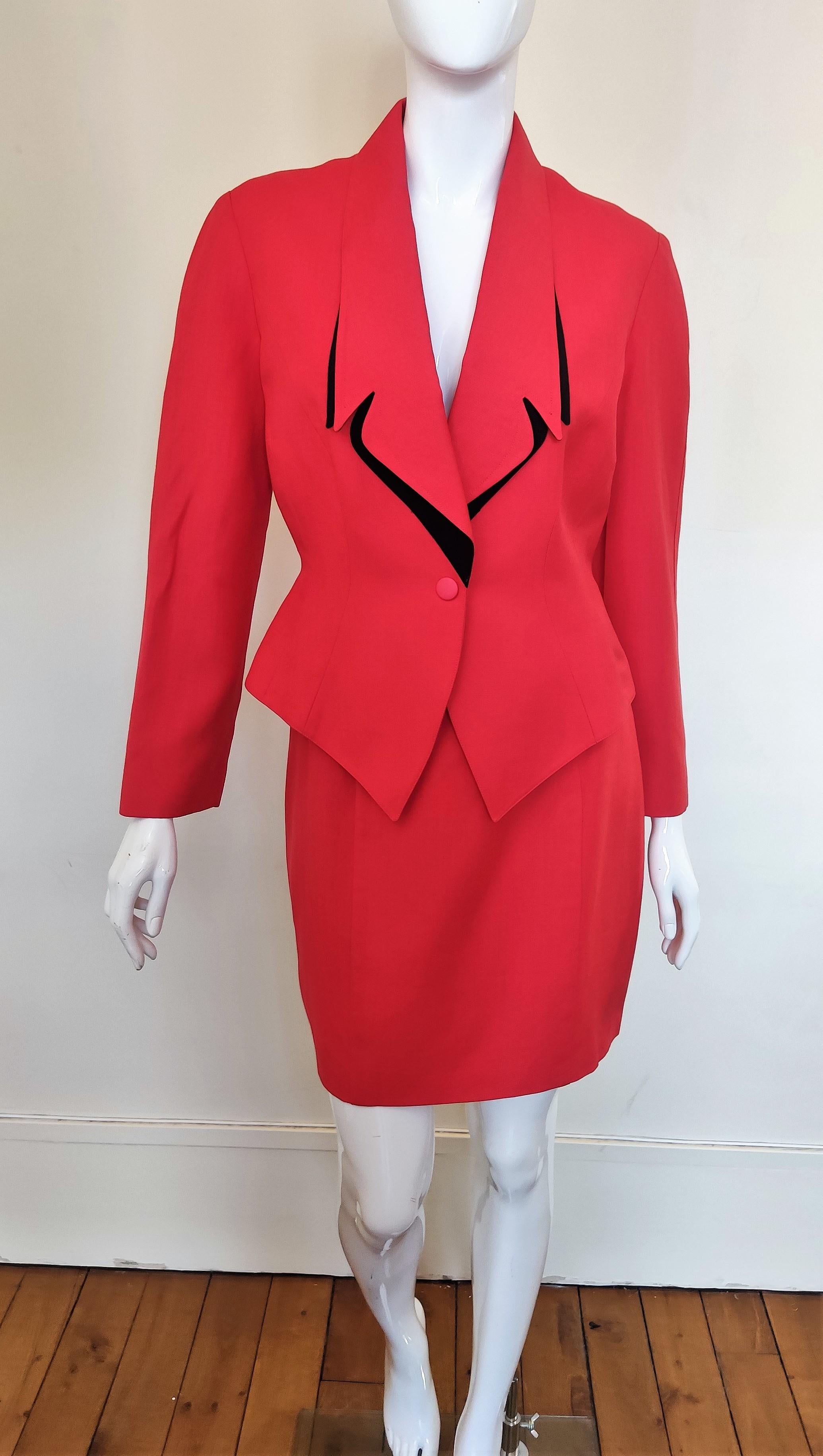 Thierry Mugler Vampire Wasp Waist Red Black Rainbow Couture Dress Ensemble Suit For Sale 8