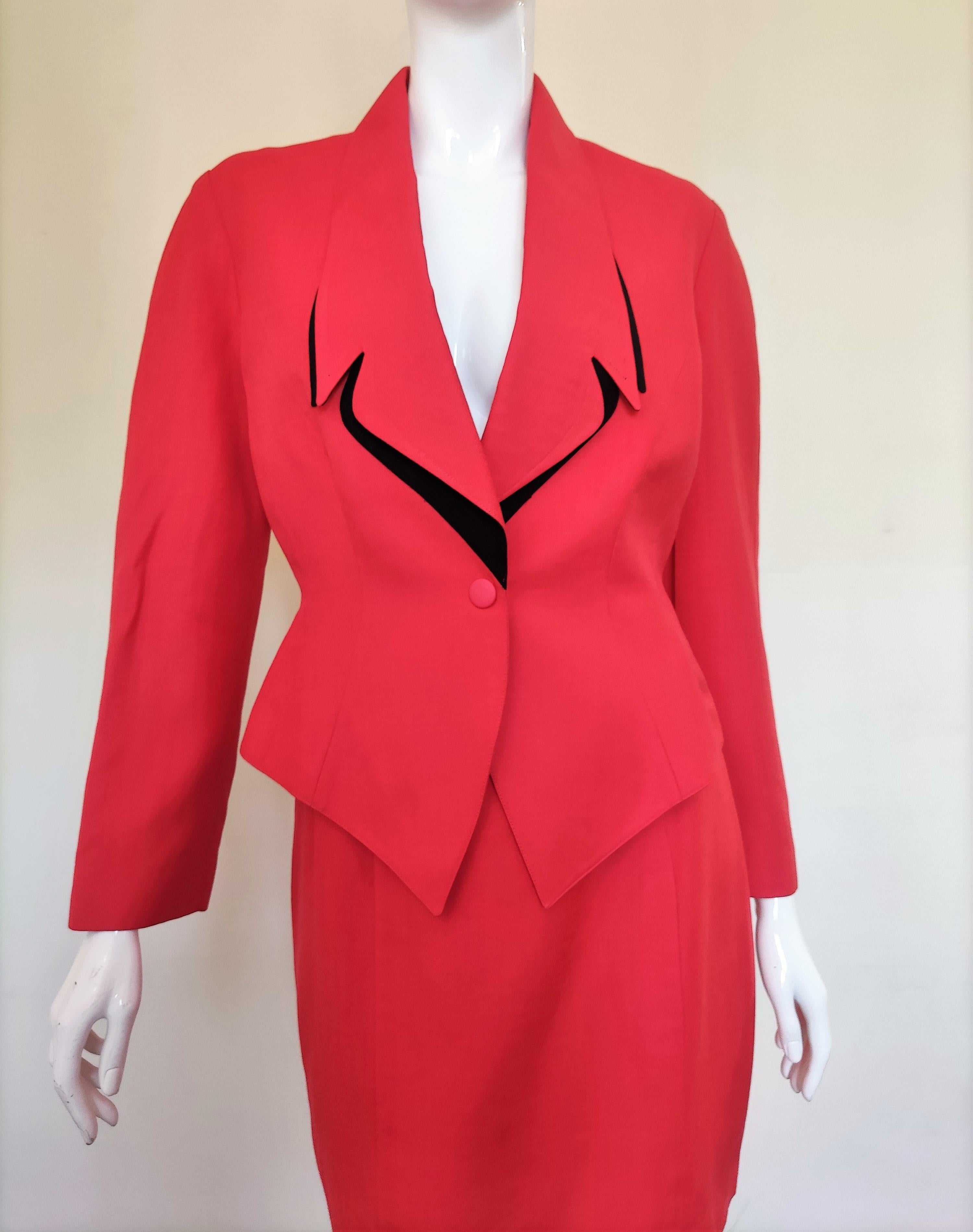 Thierry Mugler Vampire Wasp Waist Red Black Rainbow Couture Dress Ensemble Suit For Sale 9
