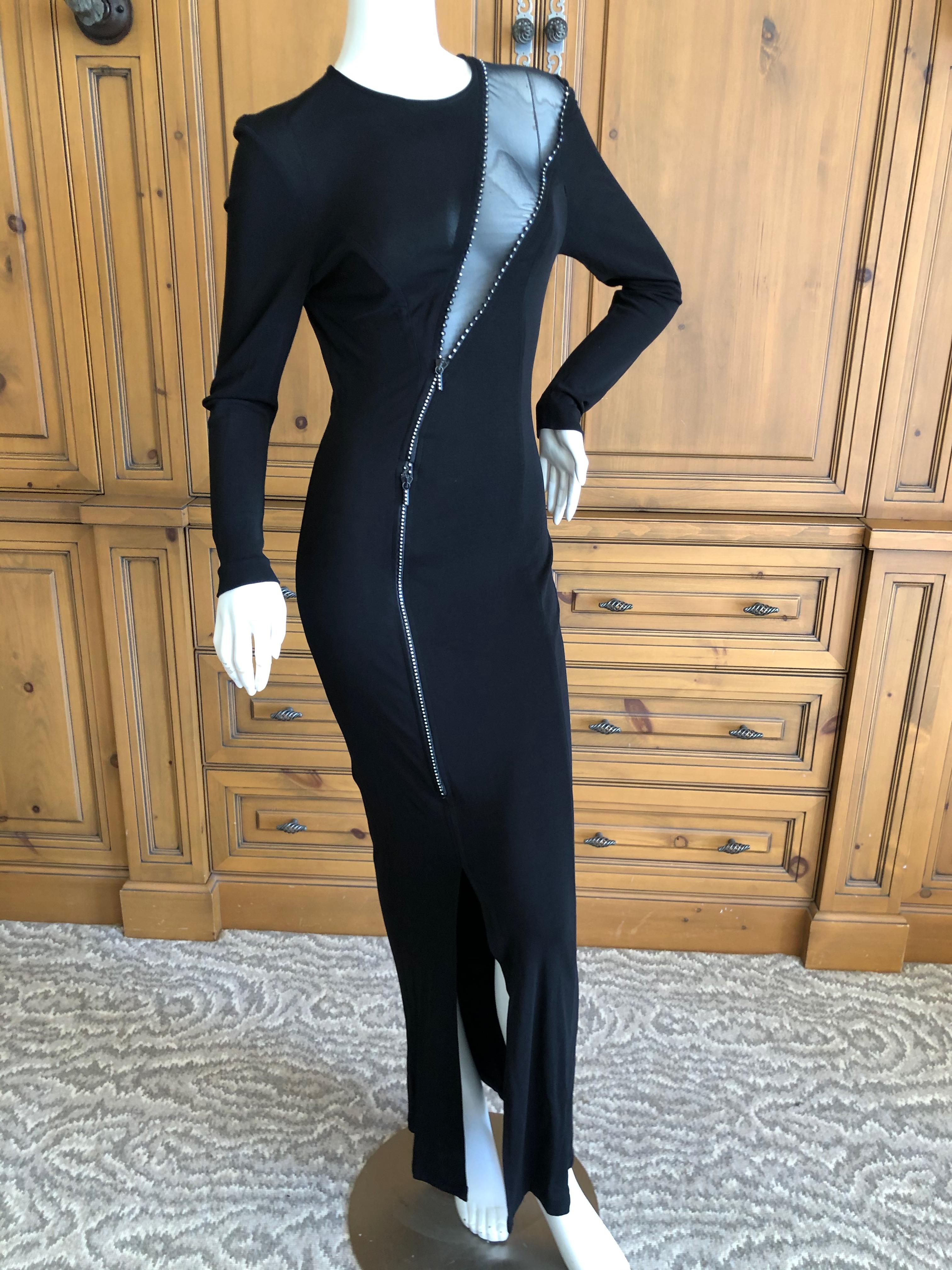 Thierry Mugler Vintage 1980's Black Evening Dress w Sheer Crystal Zipper Details.
This is so much prettier than the photos show.
Size 40, there is a lot of stretch
 Bust 35