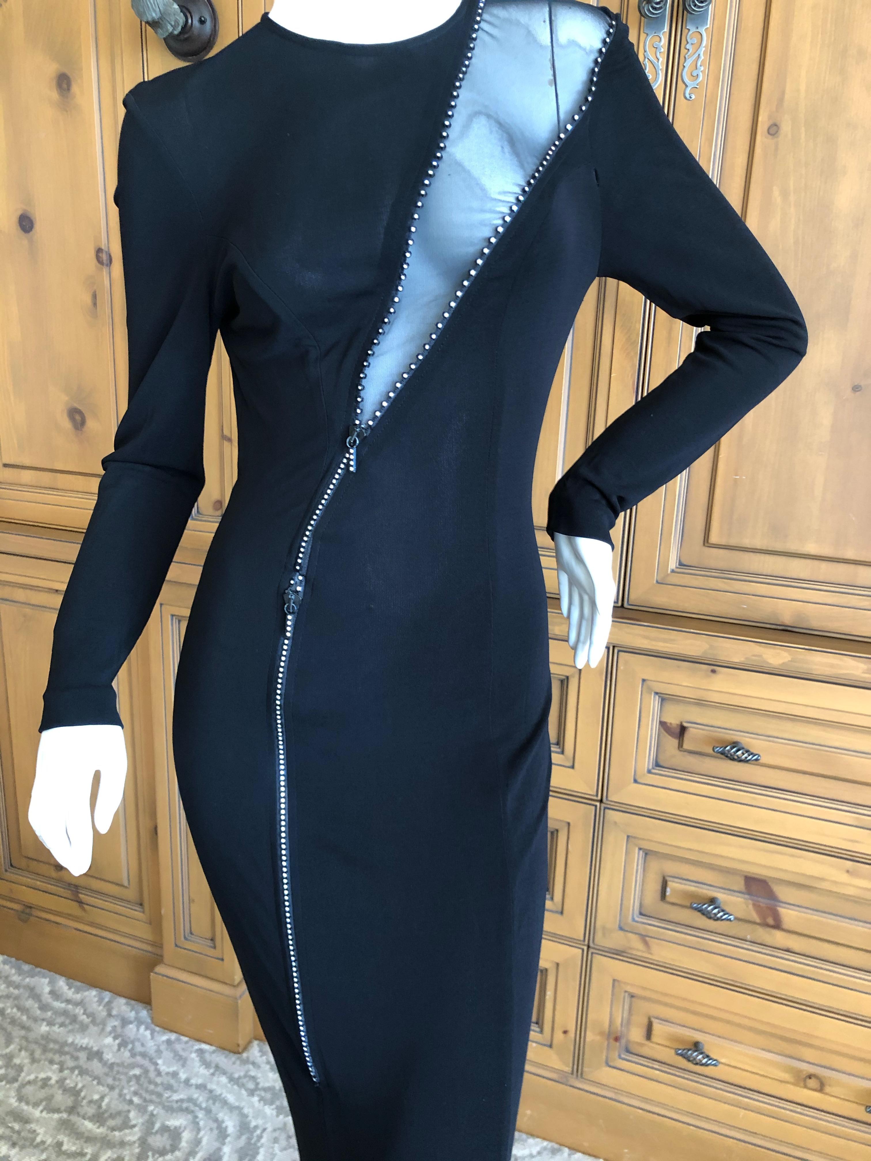 Thierry Mugler Vintage 1980's Black Evening Dress w Sheer Crystal Zipper Details In Good Condition For Sale In Cloverdale, CA