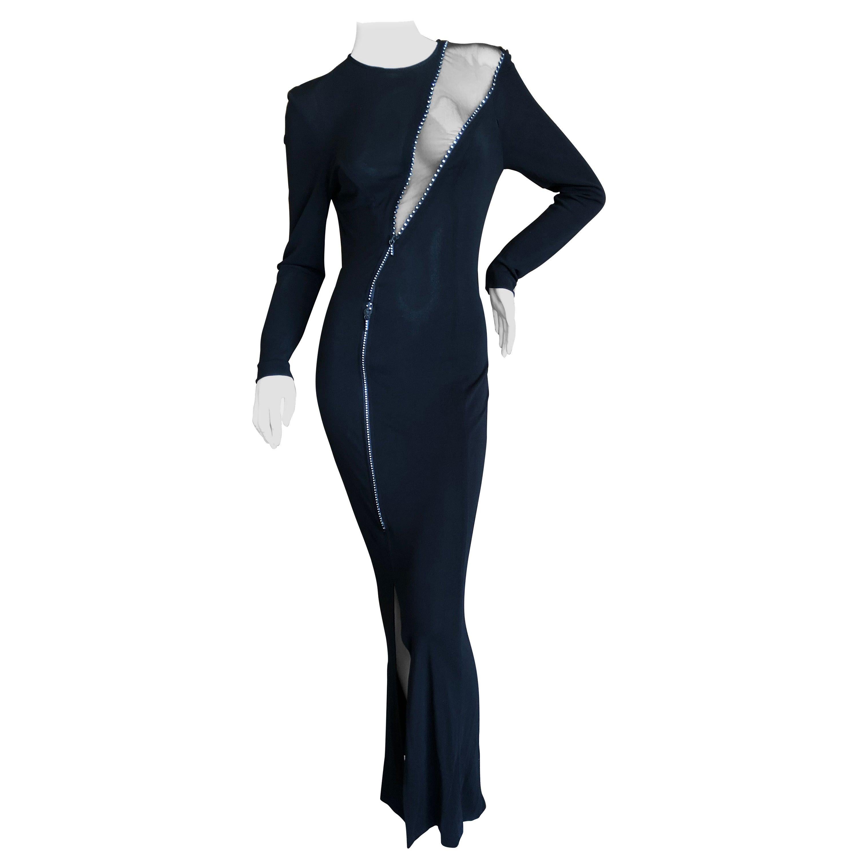 Thierry Mugler Vintage 1980's Black Evening Dress w Sheer Crystal Zipper Details For Sale