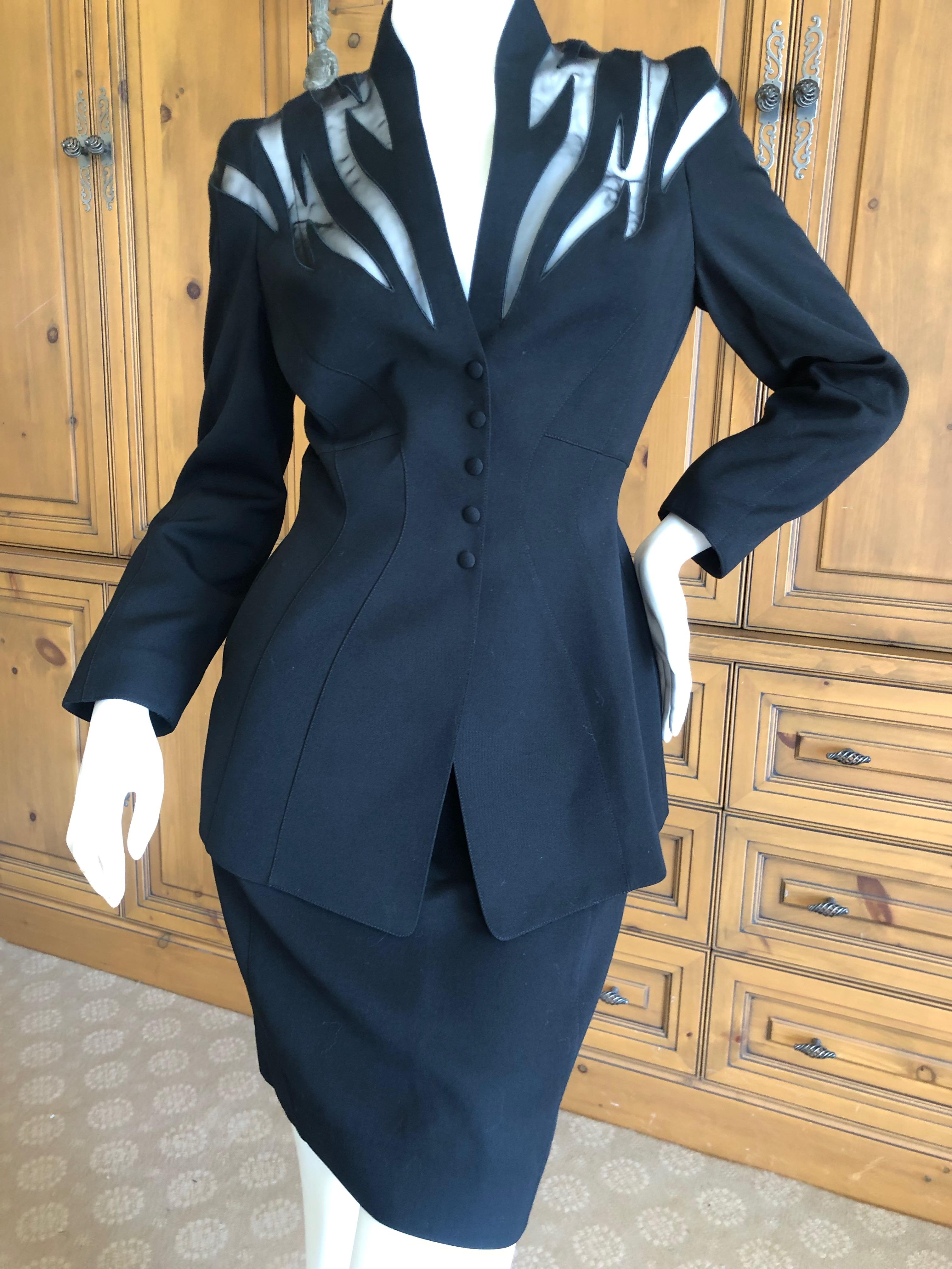 Thierry Mugler Vintage 1980's Black Peplum Suit with Sheer Flame Pattern Details In Excellent Condition For Sale In Cloverdale, CA