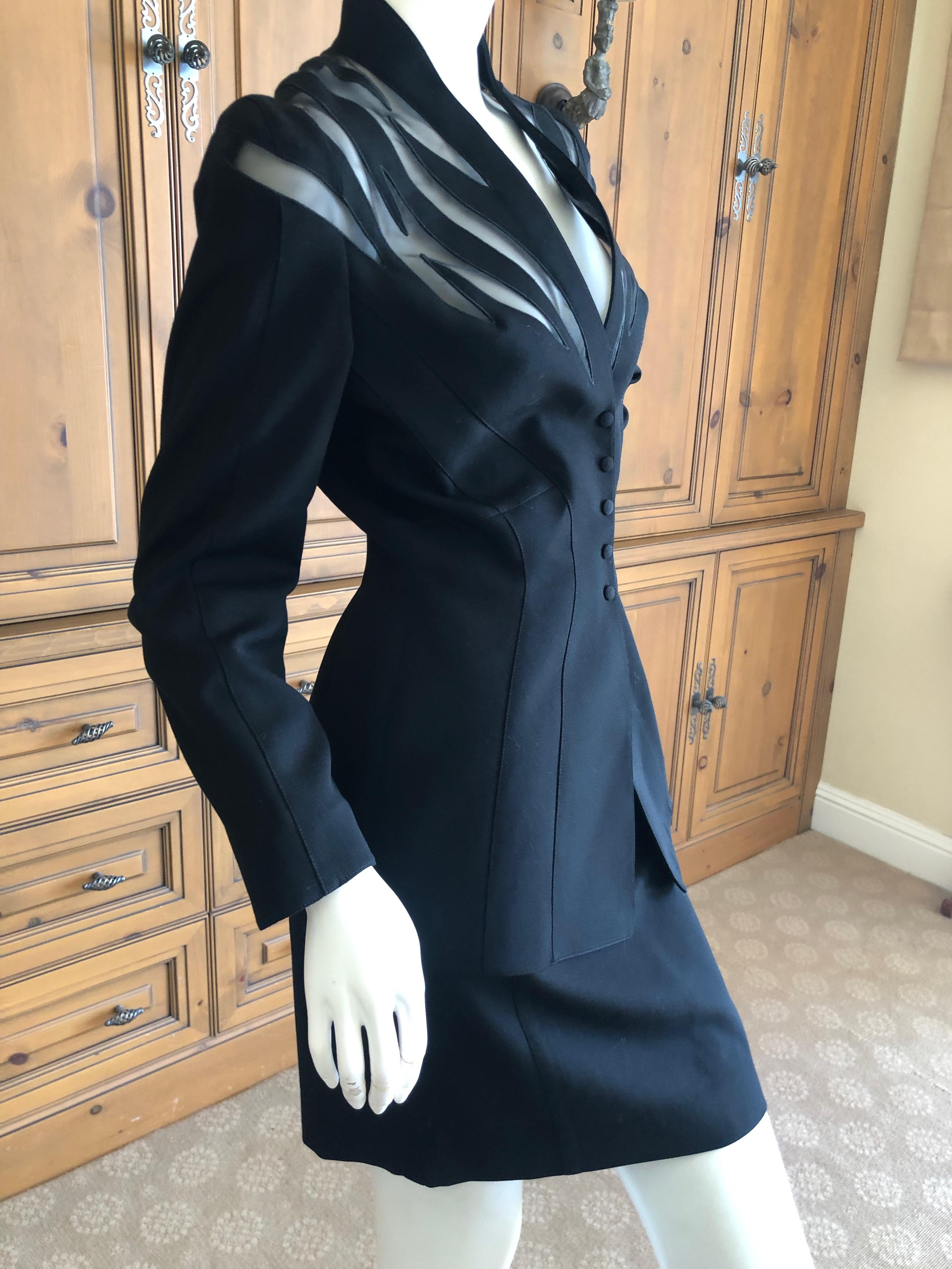 Women's Thierry Mugler Vintage 1980's Black Peplum Suit with Sheer Flame Pattern Details For Sale