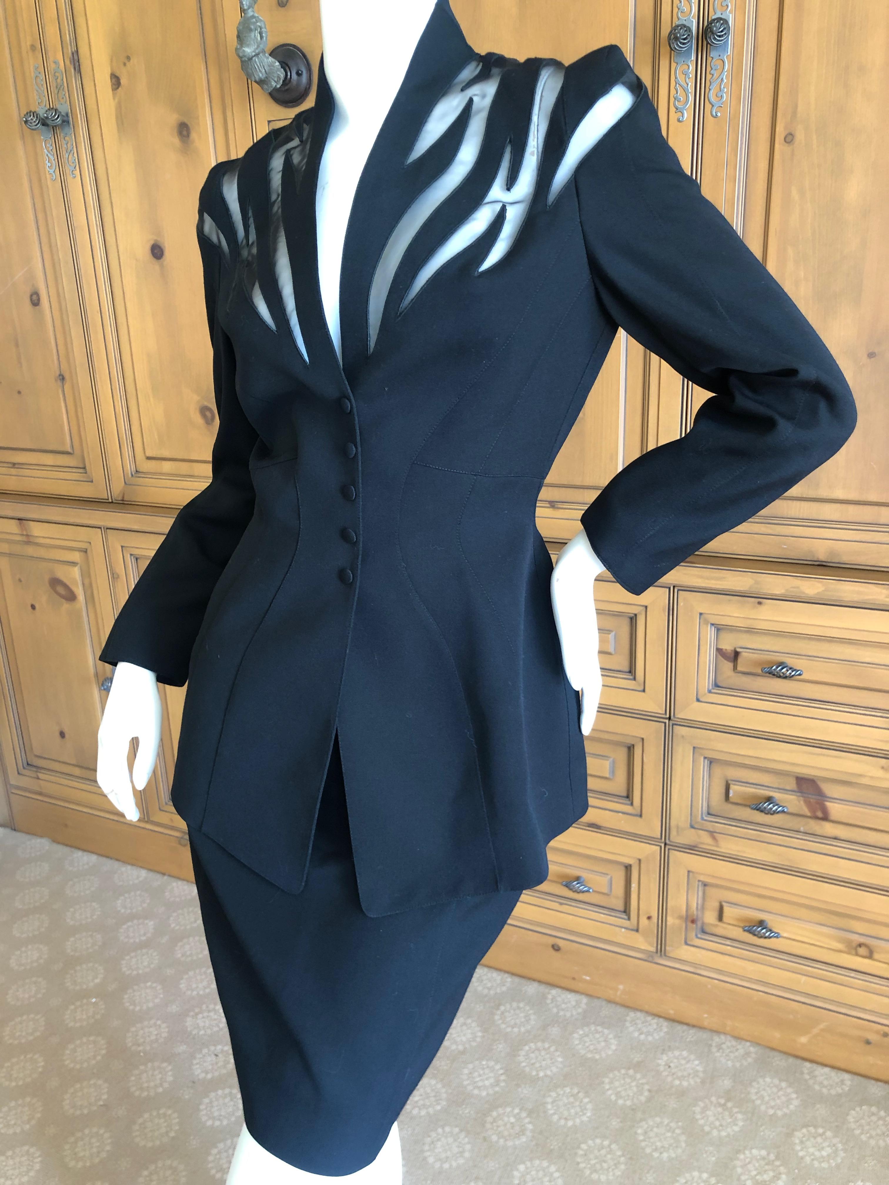 Thierry Mugler Vintage 1980's Black Peplum Suit with Sheer Flame Pattern Details For Sale 1