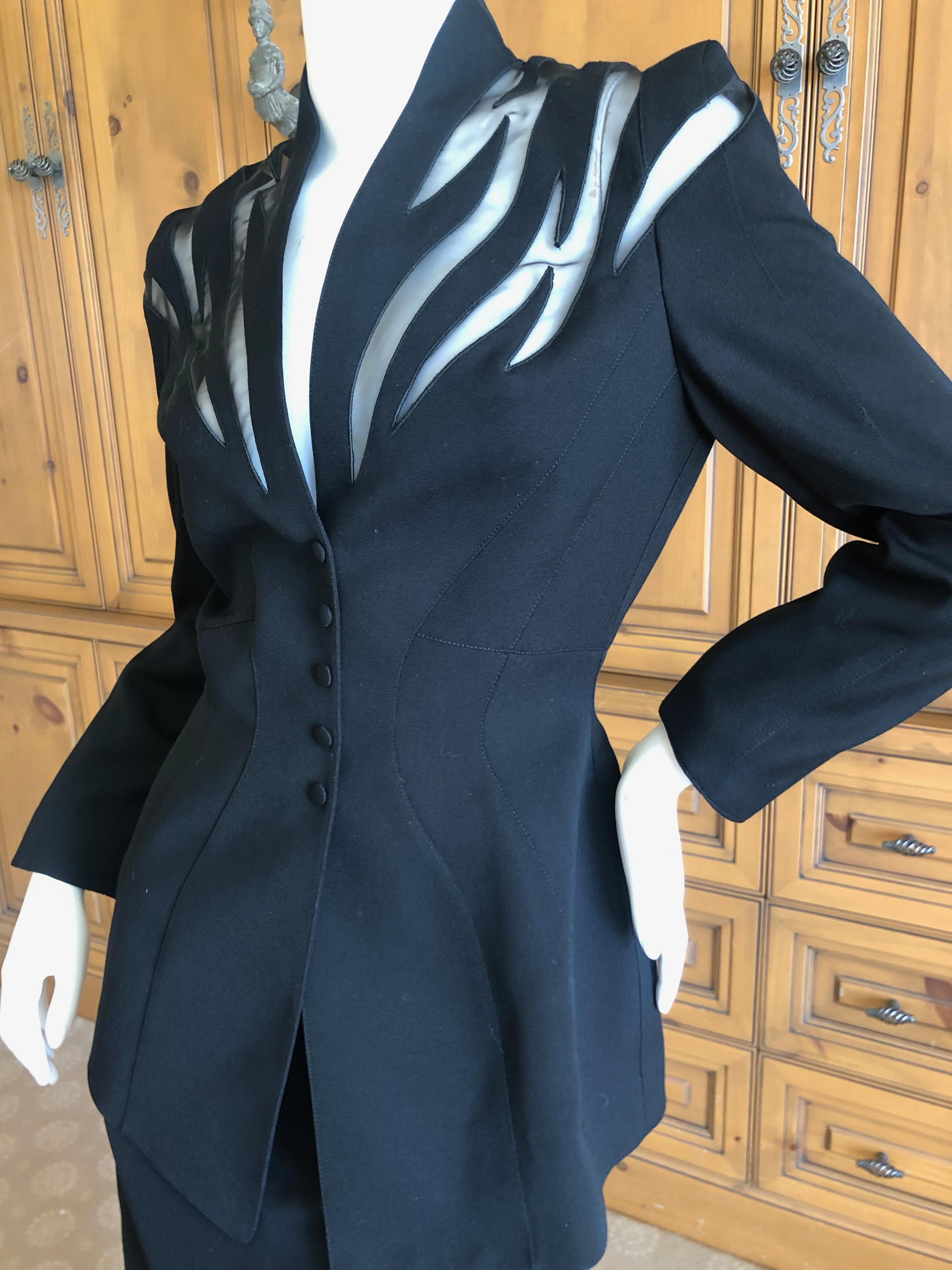 Thierry Mugler Vintage 1980's Black Peplum Suit with Sheer Flame Pattern Details For Sale 2