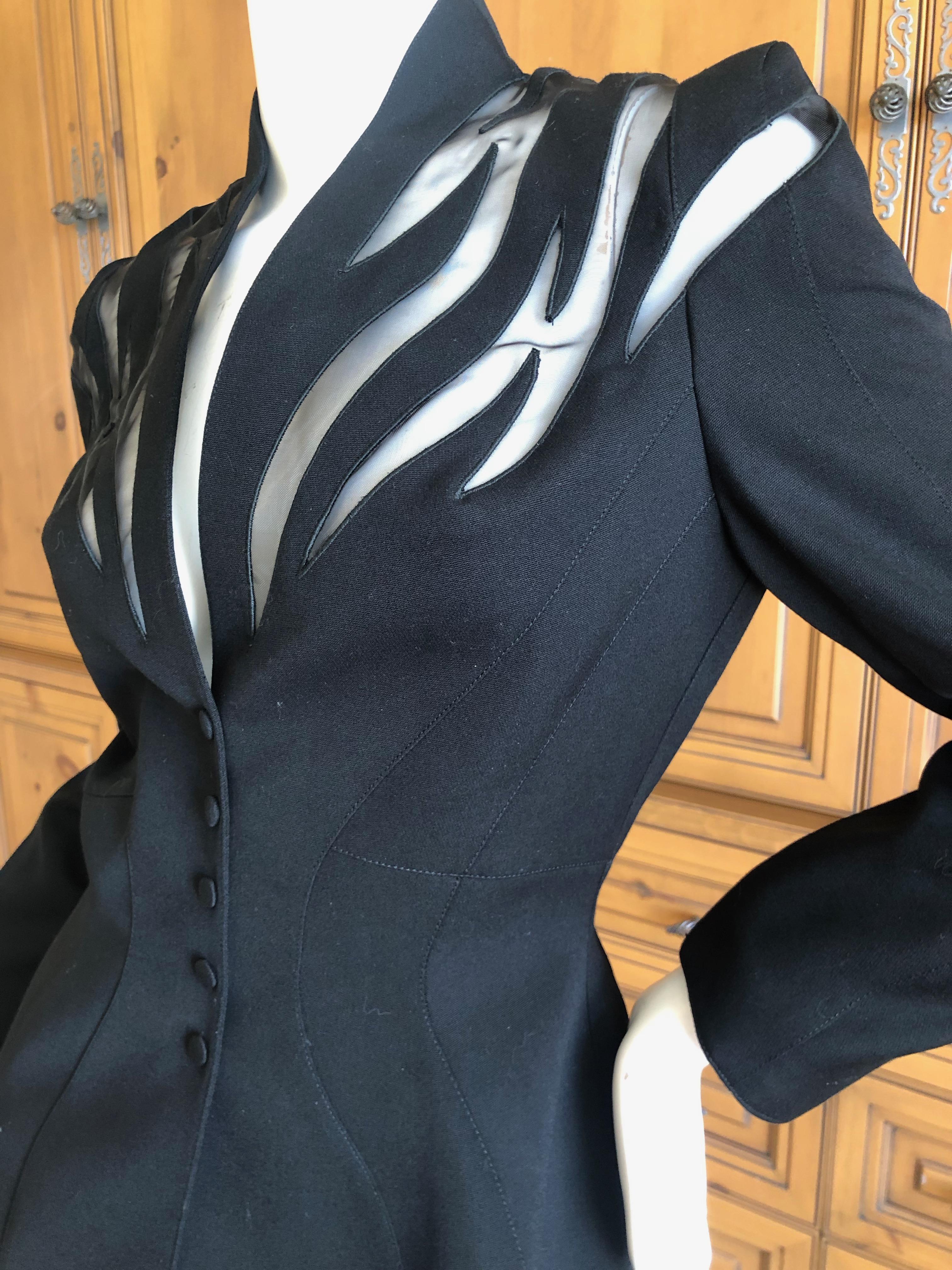 Thierry Mugler Vintage 1980's Black Peplum Suit with Sheer Flame Pattern Details For Sale 3
