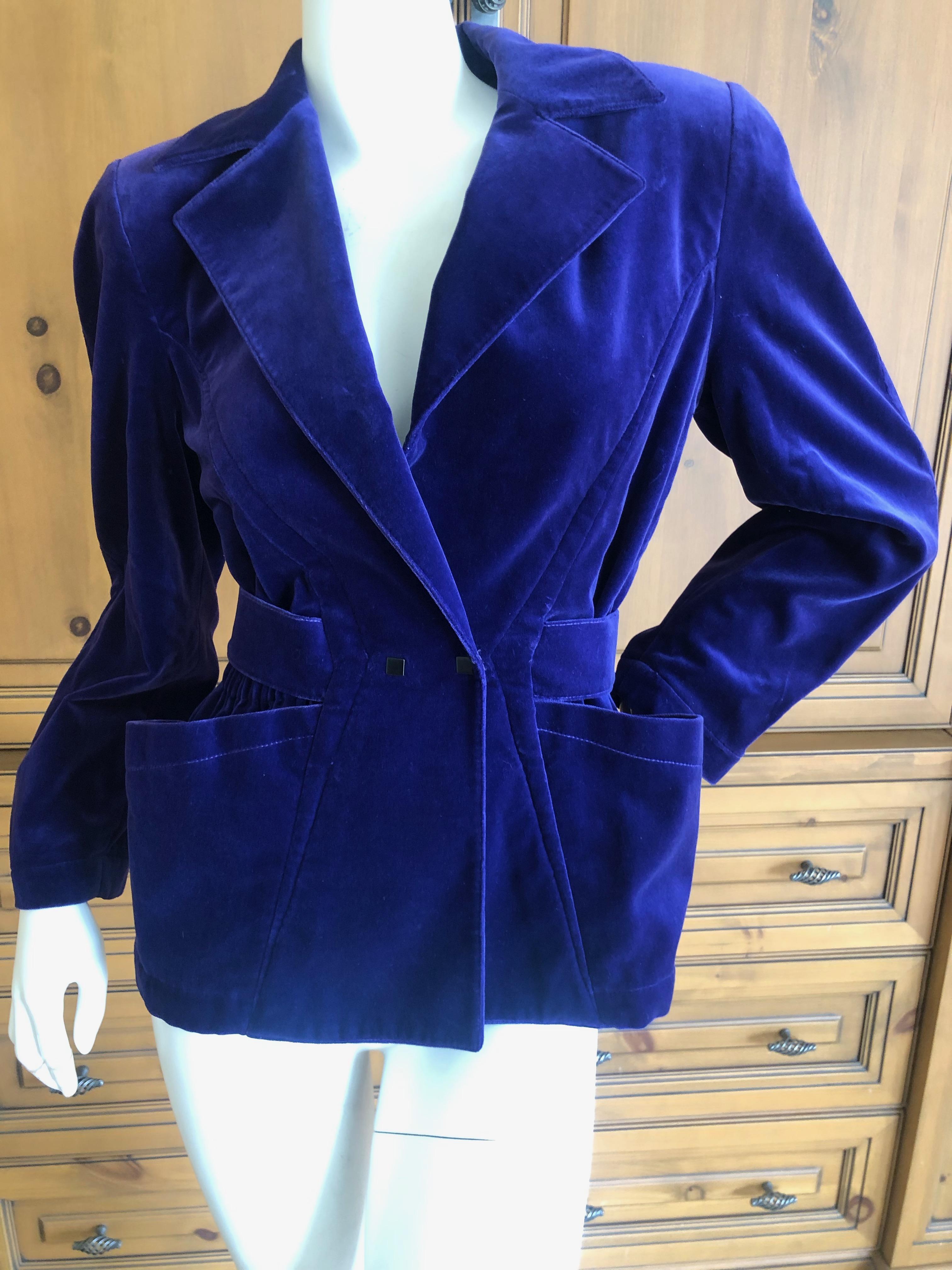Thierry Mugler Vintage 1980's Blue Velvet Jacket with Back Belt
This is wonderful, and photos don't begin to capture it.
No size tag, size Small
Bust 38