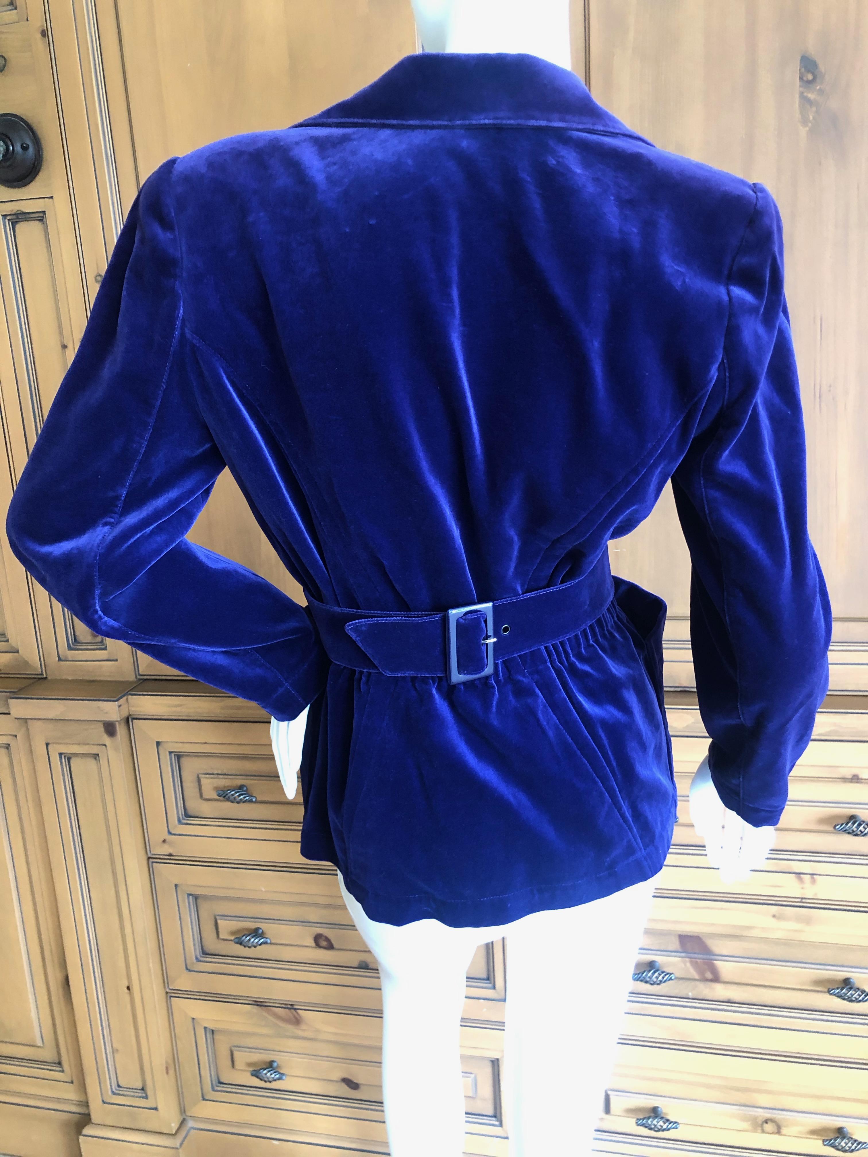 Thierry Mugler Vintage 1980's Blue Velvet Jacket with Back Belt In Excellent Condition For Sale In Cloverdale, CA