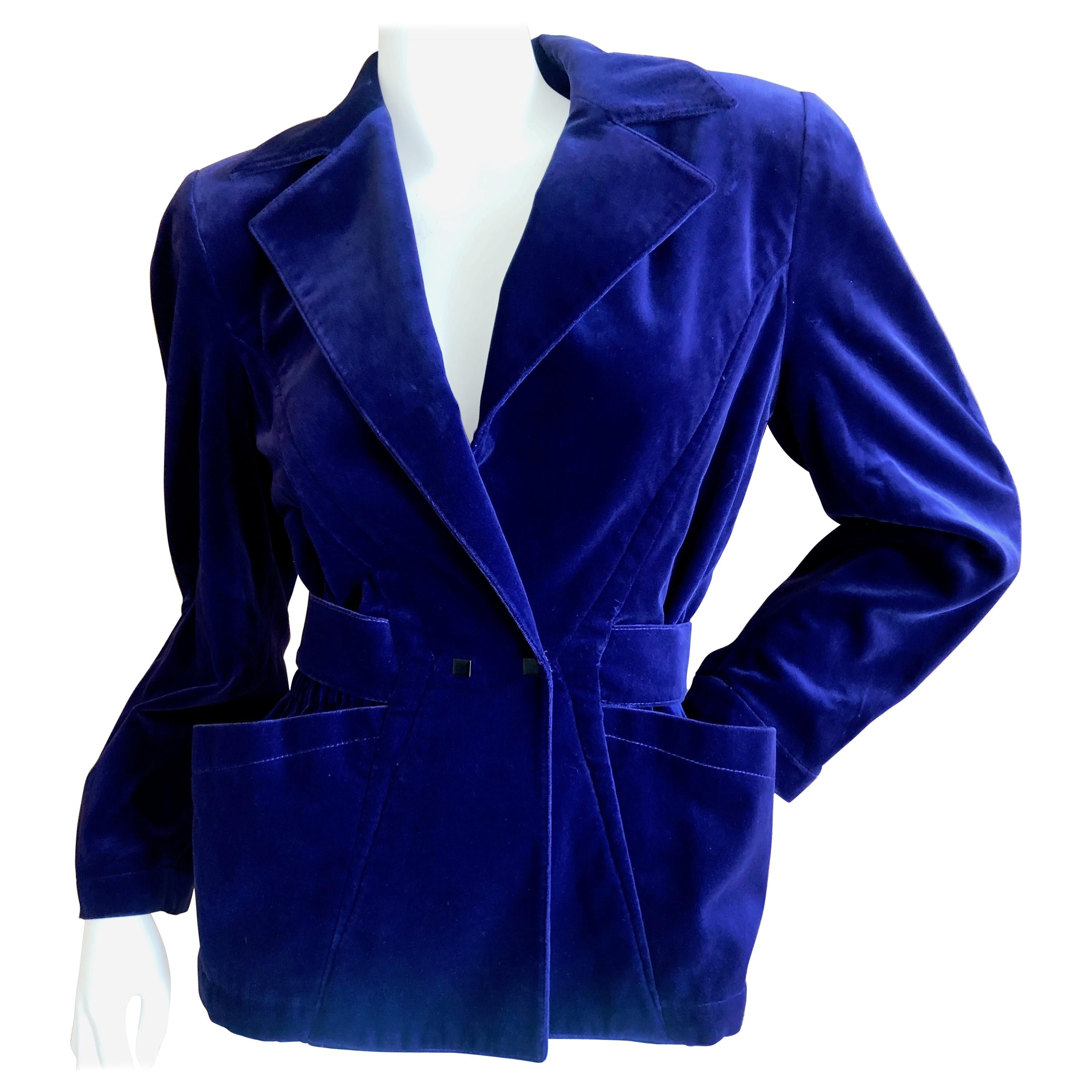 Thierry Mugler Vintage 1980's Blue Velvet Jacket with Back Belt For Sale