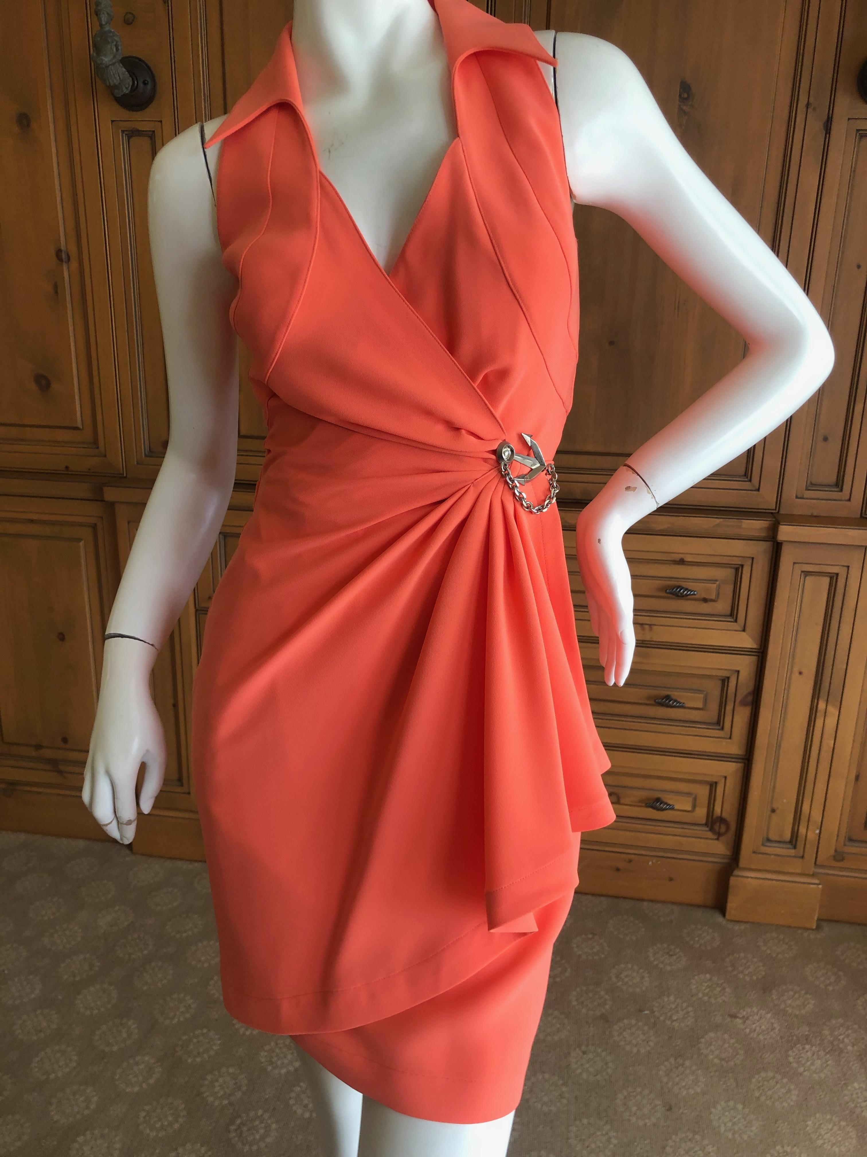 Red Thierry Mugler Vintage 1980's Coral Wrap Dress w Nautical Anchor Detail For Sale