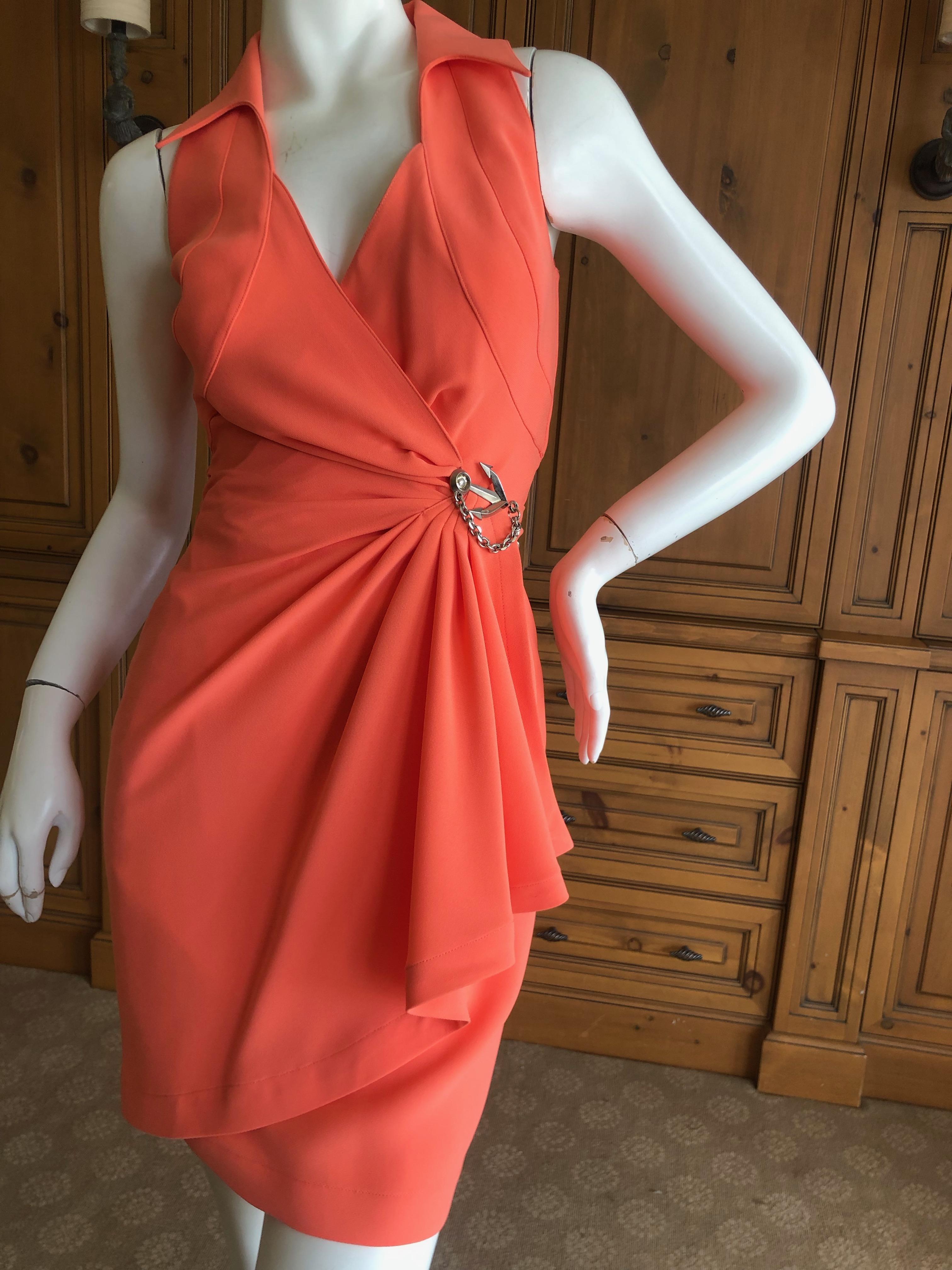 Thierry Mugler Vintage 1980's Coral Wrap Dress w Nautical Anchor Detail In Excellent Condition For Sale In Cloverdale, CA