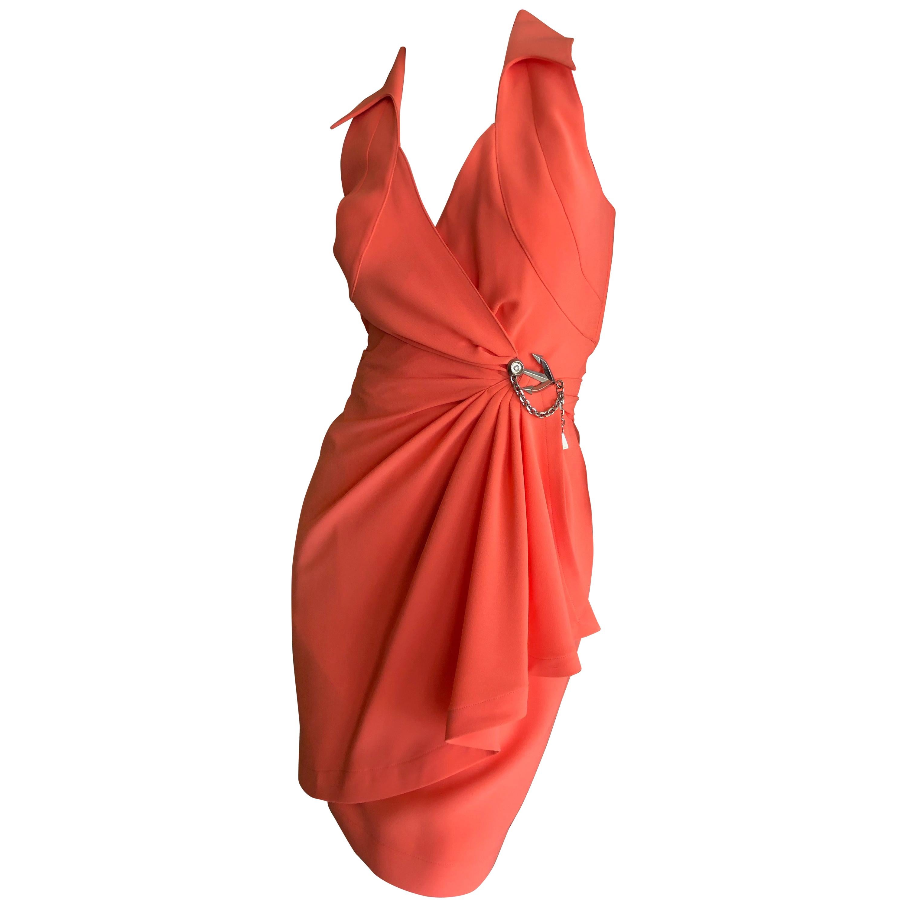 Thierry Mugler Vintage 1980's Coral Wrap Dress w Nautical Anchor Detail For Sale