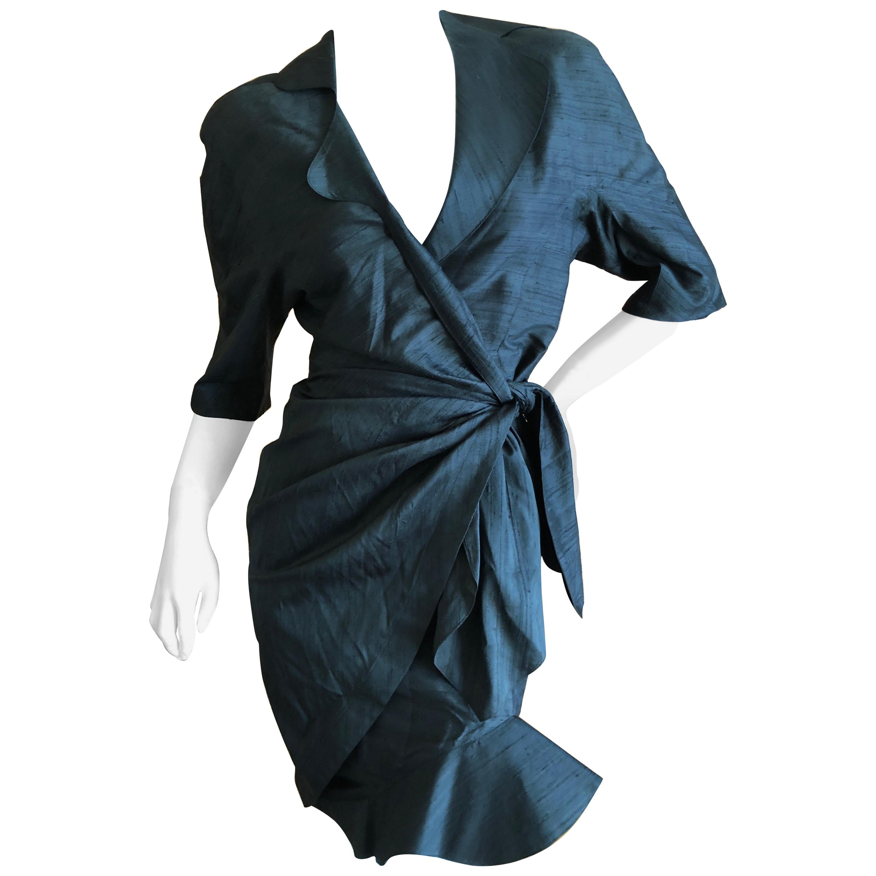 Thierry Mugler Vintage 1980's Dupioni Silk Little Black Dress For Sale