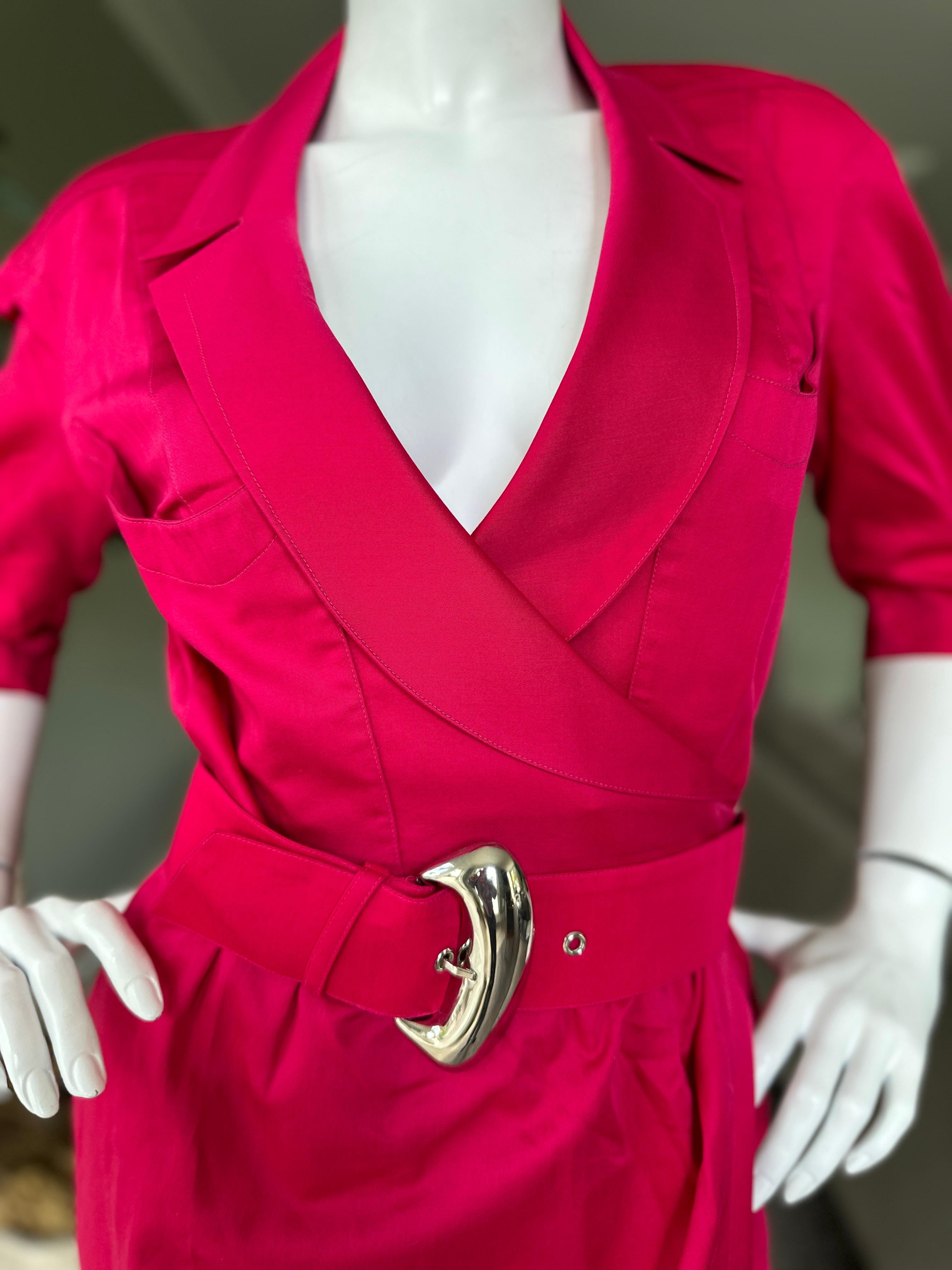 Thierry Mugler Vintage 1980's Hot Pink Silk Wrap Style Dress with Mod Buckle In Excellent Condition For Sale In Cloverdale, CA