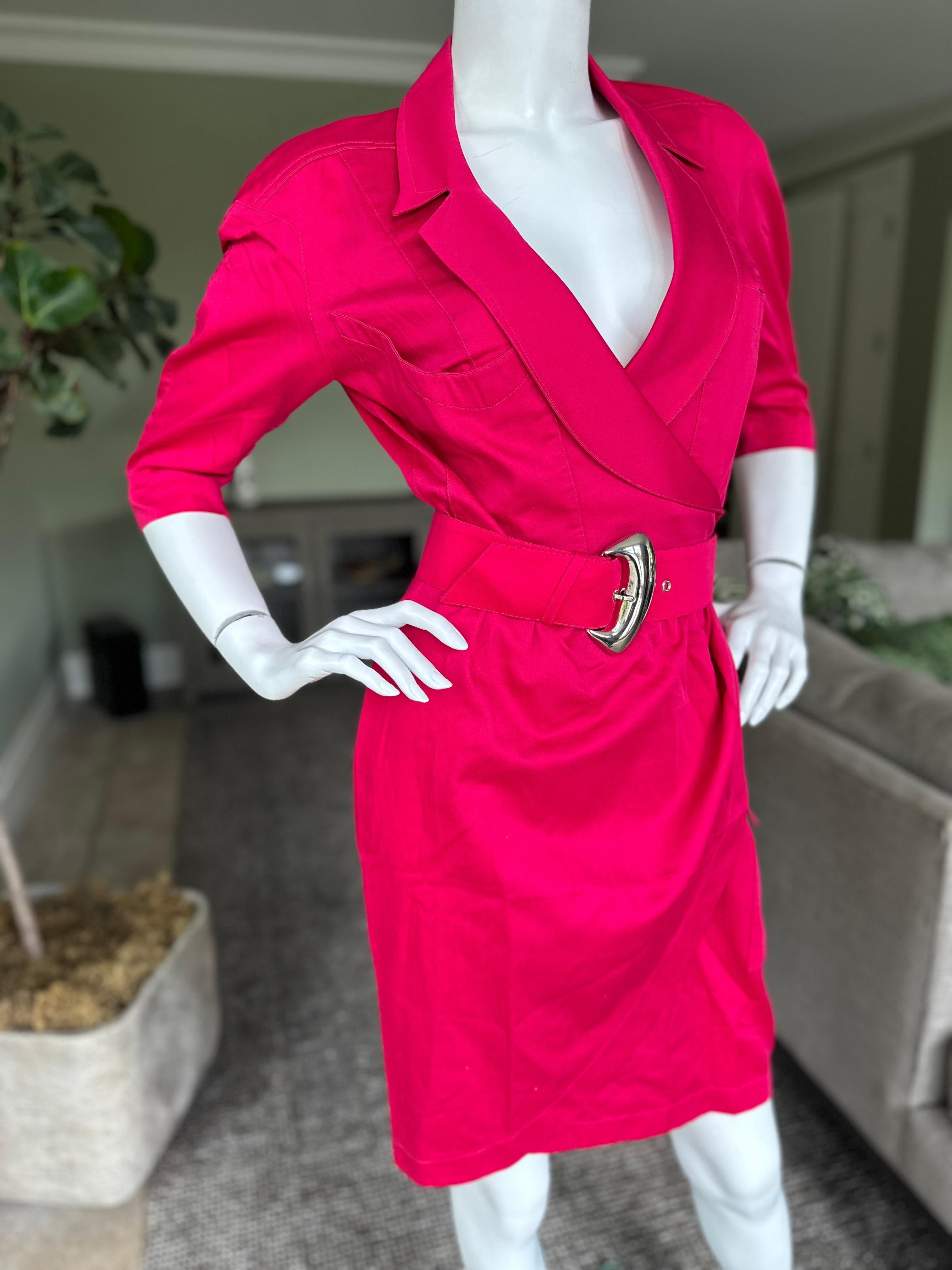 Women's Thierry Mugler Vintage 1980's Hot Pink Silk Wrap Style Dress with Mod Buckle For Sale