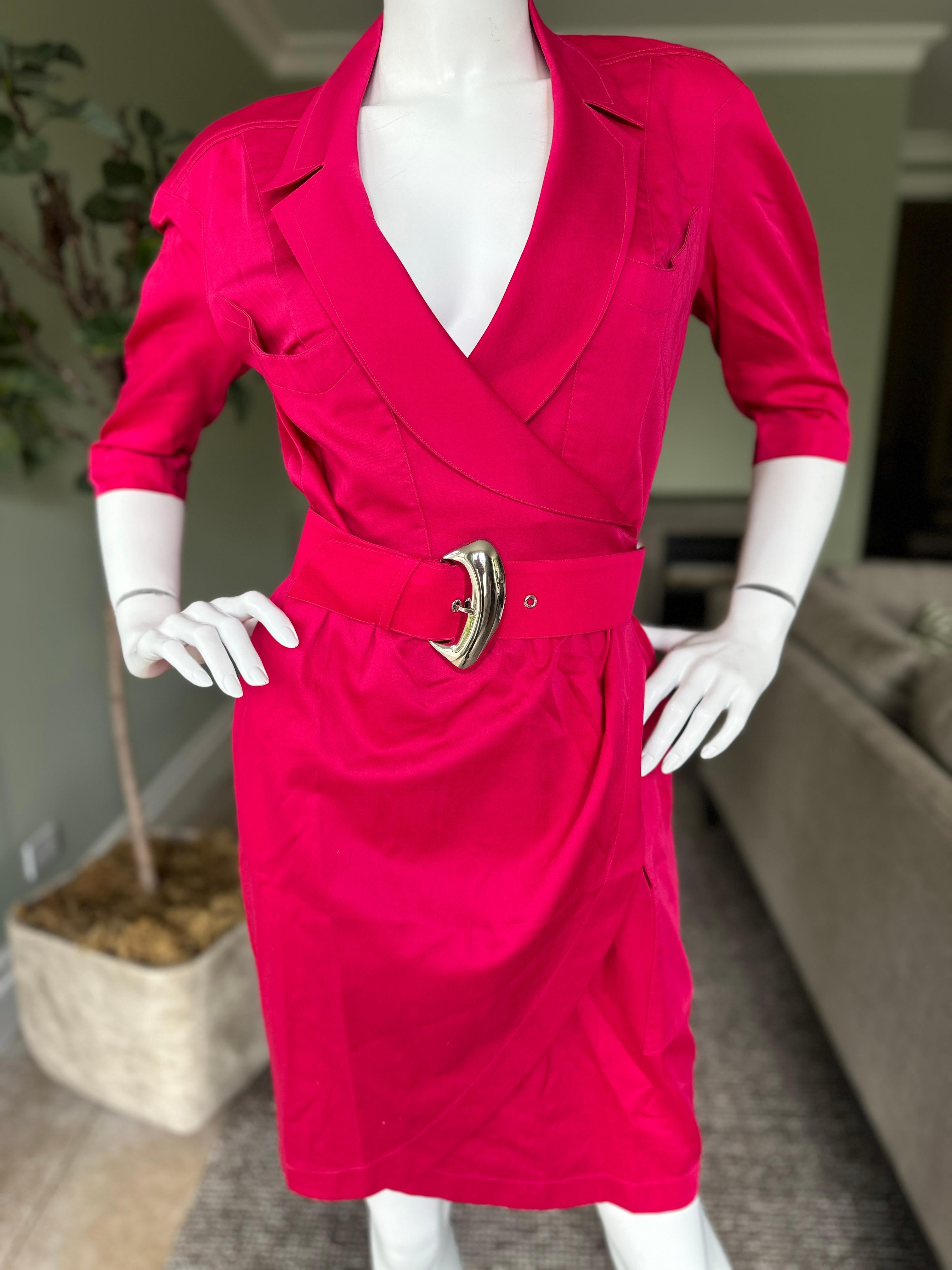 Thierry Mugler Vintage 1980's Hot Pink Silk Wrap Style Dress with Mod Buckle For Sale 1