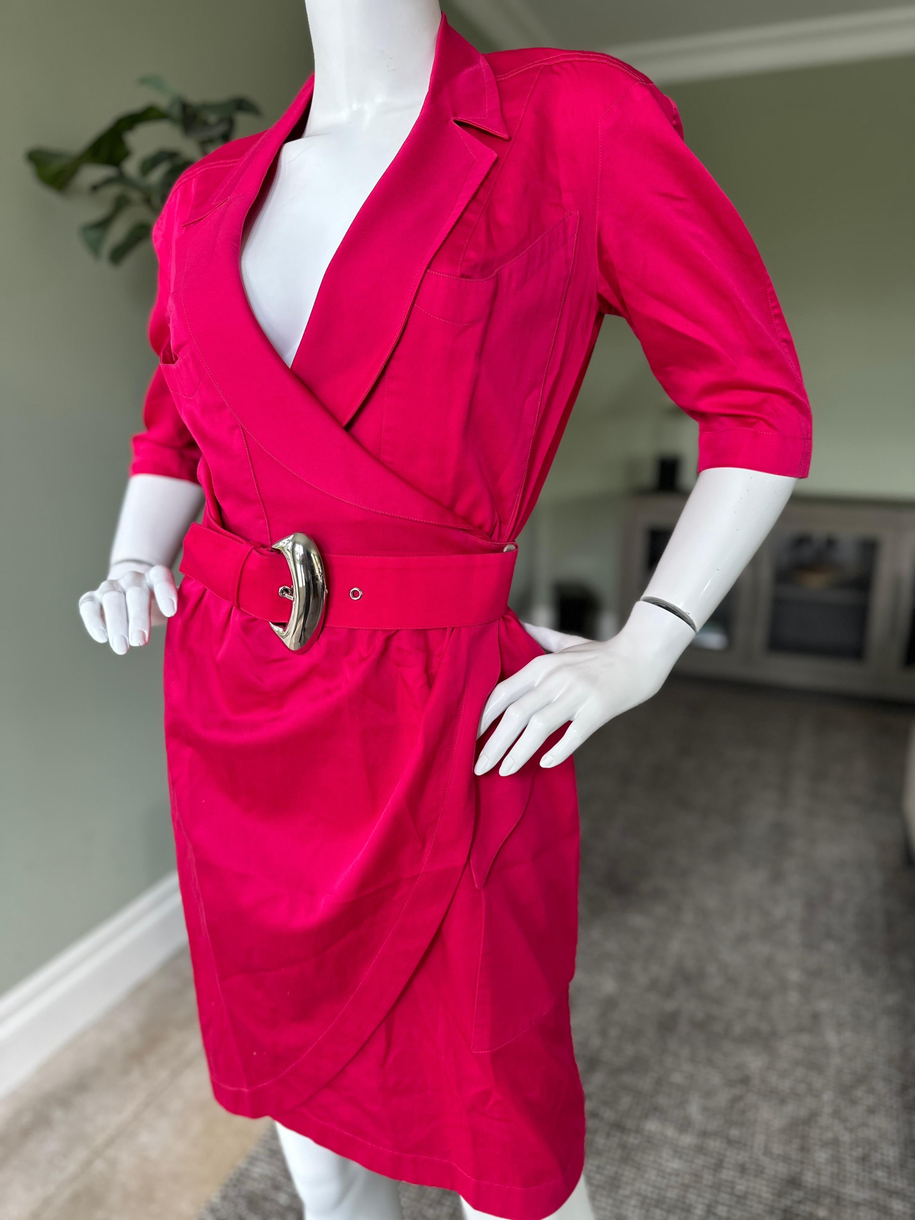 Thierry Mugler Vintage 1980's Hot Pink Silk Wrap Style Dress with Mod Buckle For Sale 2