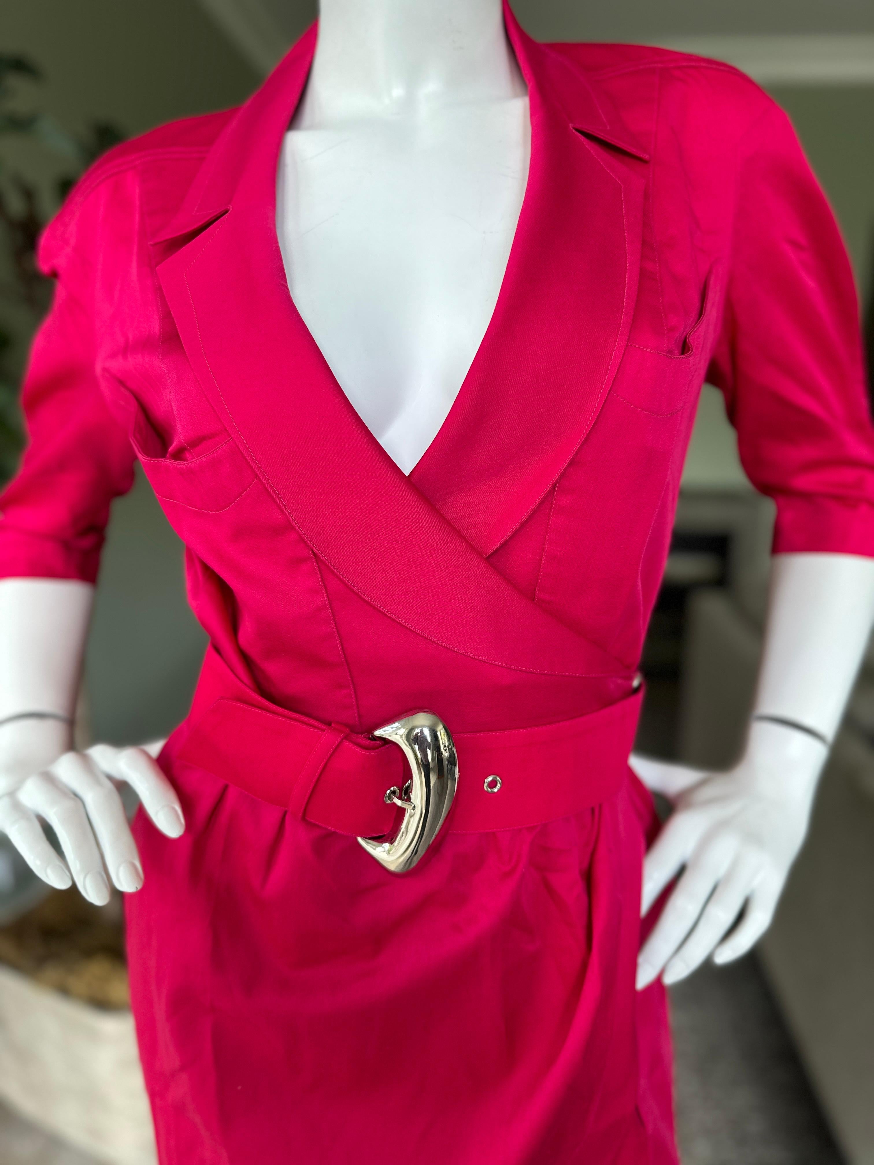 Thierry Mugler Vintage 1980's Hot Pink Silk Wrap Style Dress with Mod Buckle For Sale 3