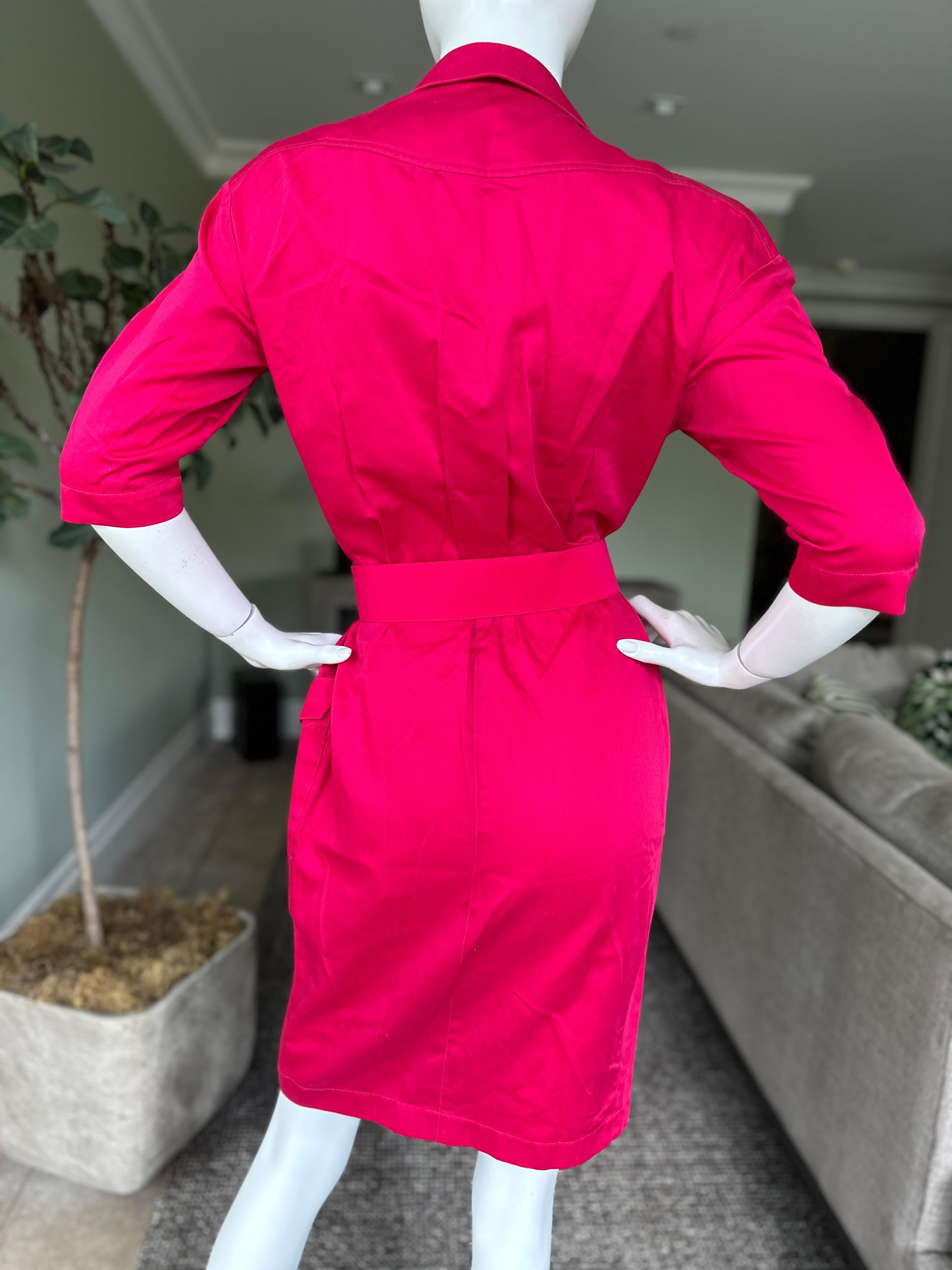 Thierry Mugler Vintage 1980's Hot Pink Silk Wrap Style Dress with Mod Buckle For Sale 4