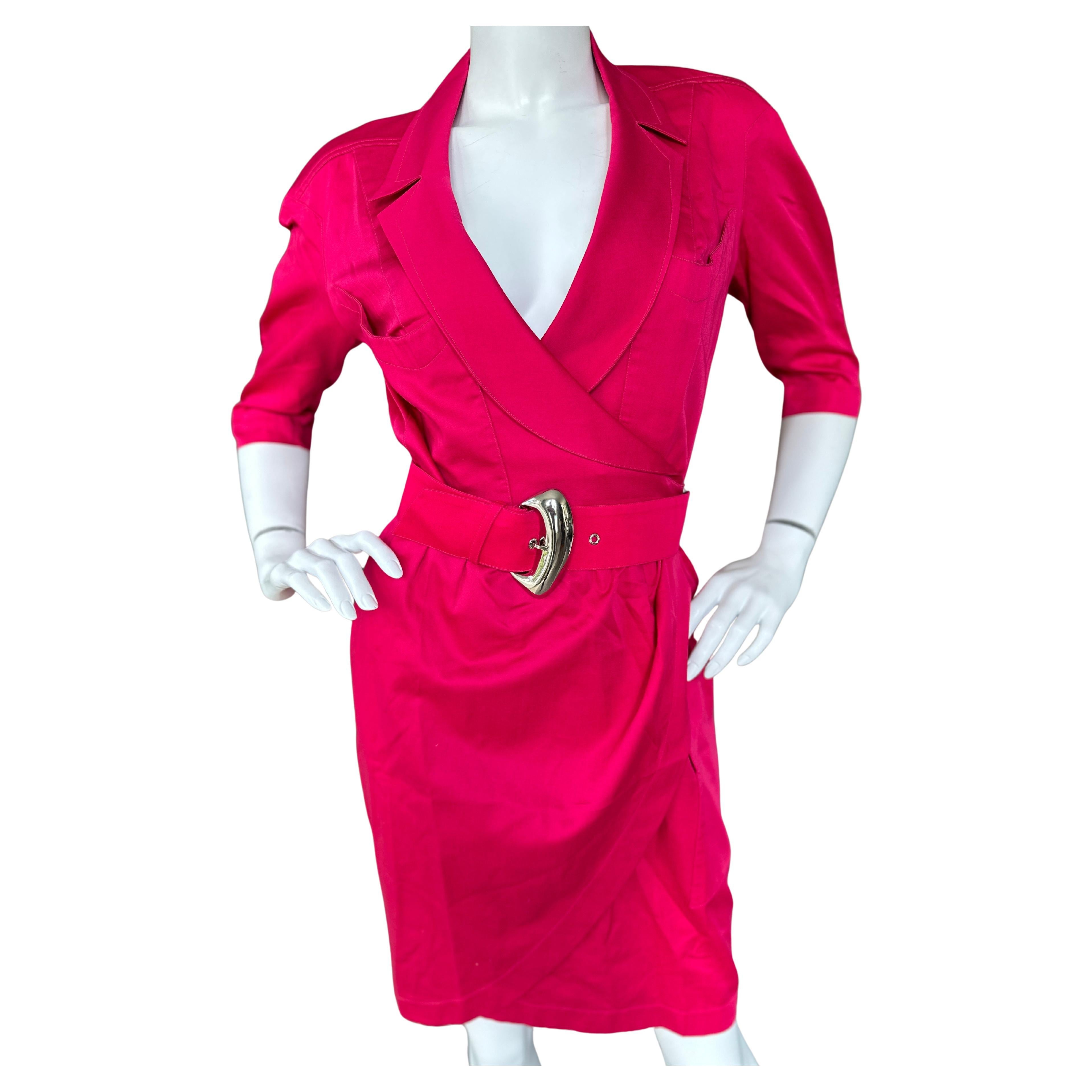 Thierry Mugler Vintage 1980's Hot Pink Silk Wrap Style Dress with Mod Buckle For Sale