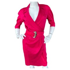 Thierry Mugler Vintage 1980's Hot Pink Silk Wrap Style Dress with Mod Buckle