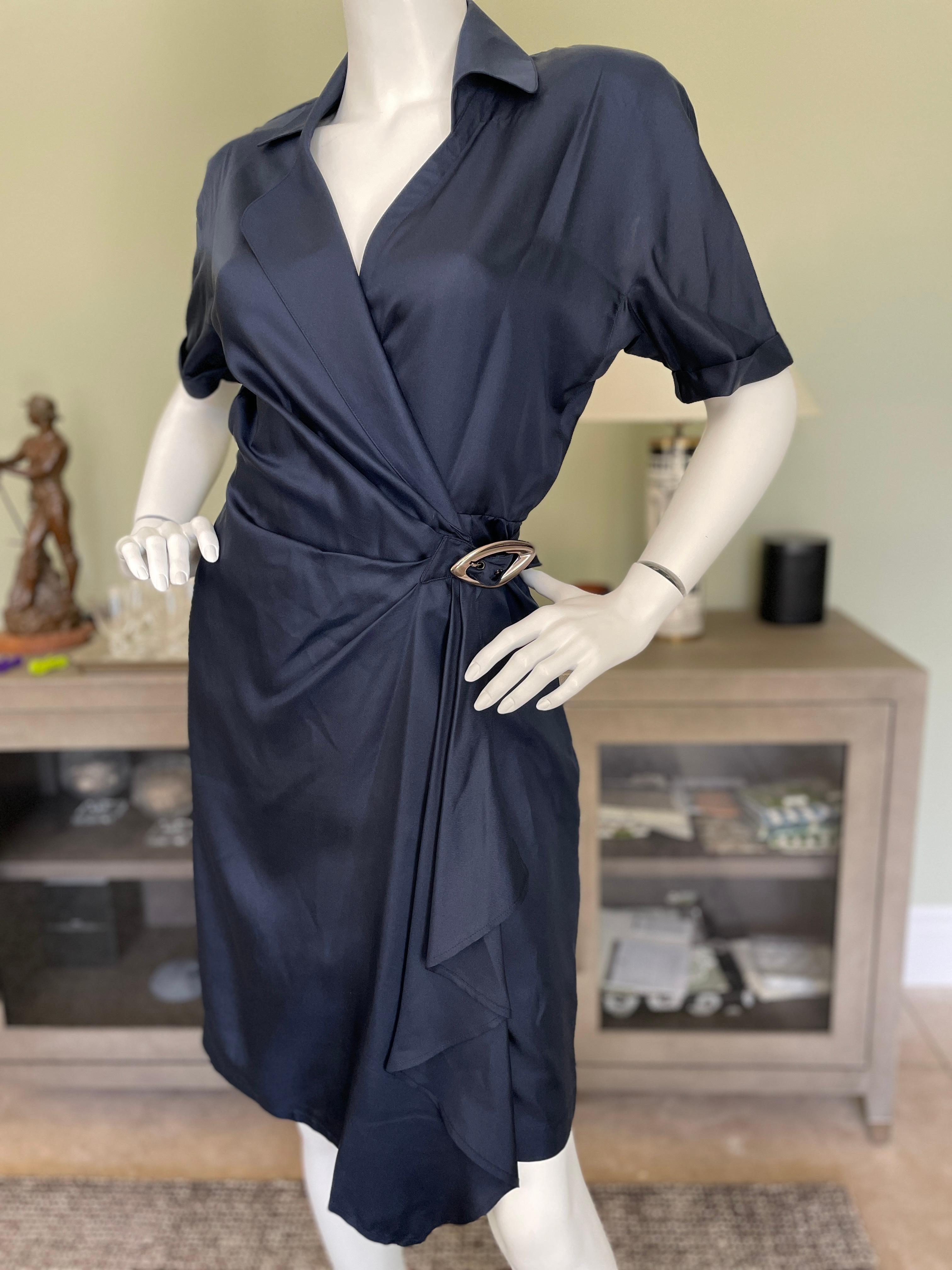 Thierry Mugler Vintage 1980's Navy Blue Silk Wrap Style Belted Dress 
Classic Mugler from the eighties. 
Size 38
 Bust 38