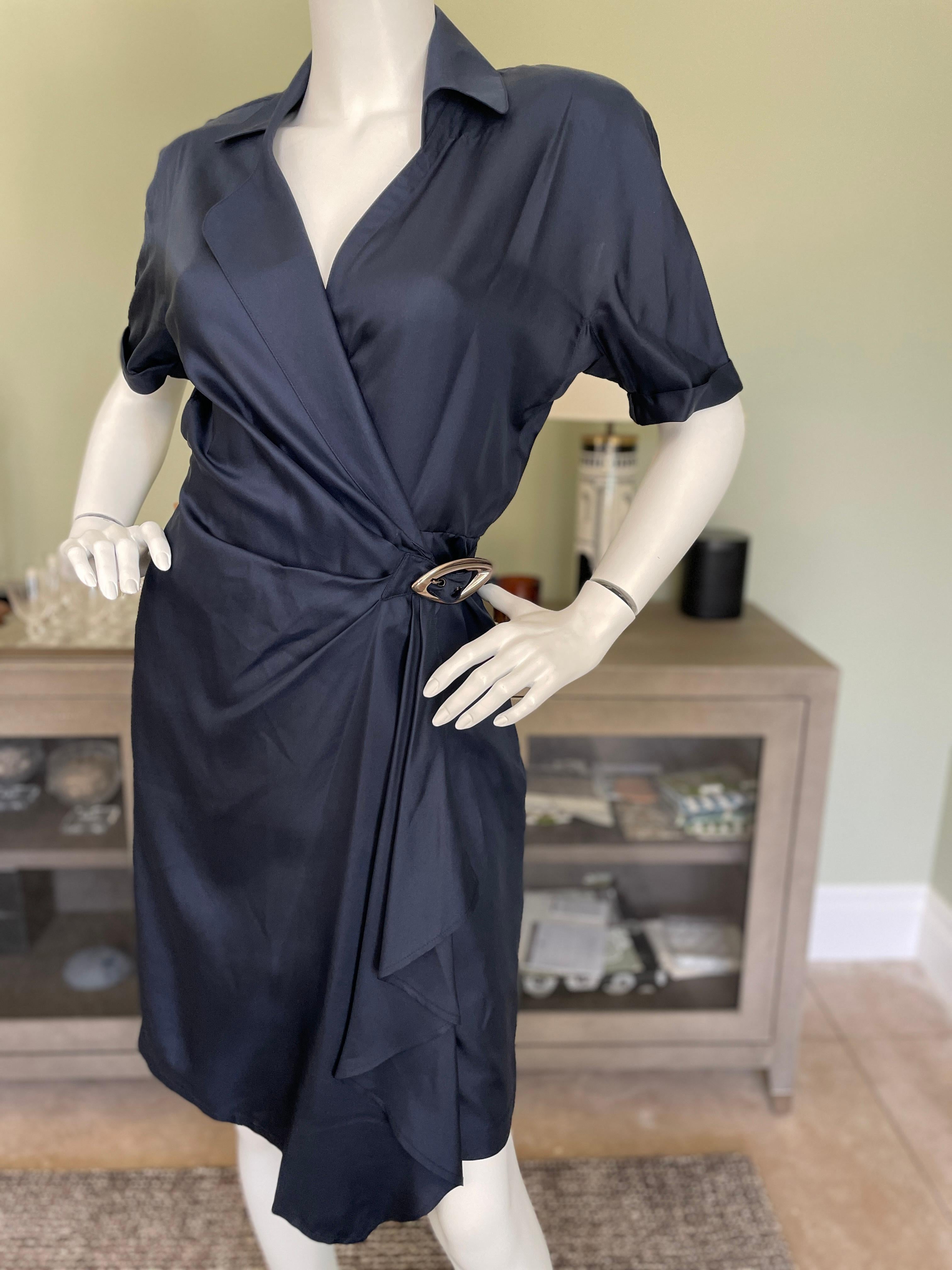 Thierry Mugler Vintage 1980's Navy Blue Silk Wrap Style Dress w Mod Buckle In Excellent Condition For Sale In Cloverdale, CA