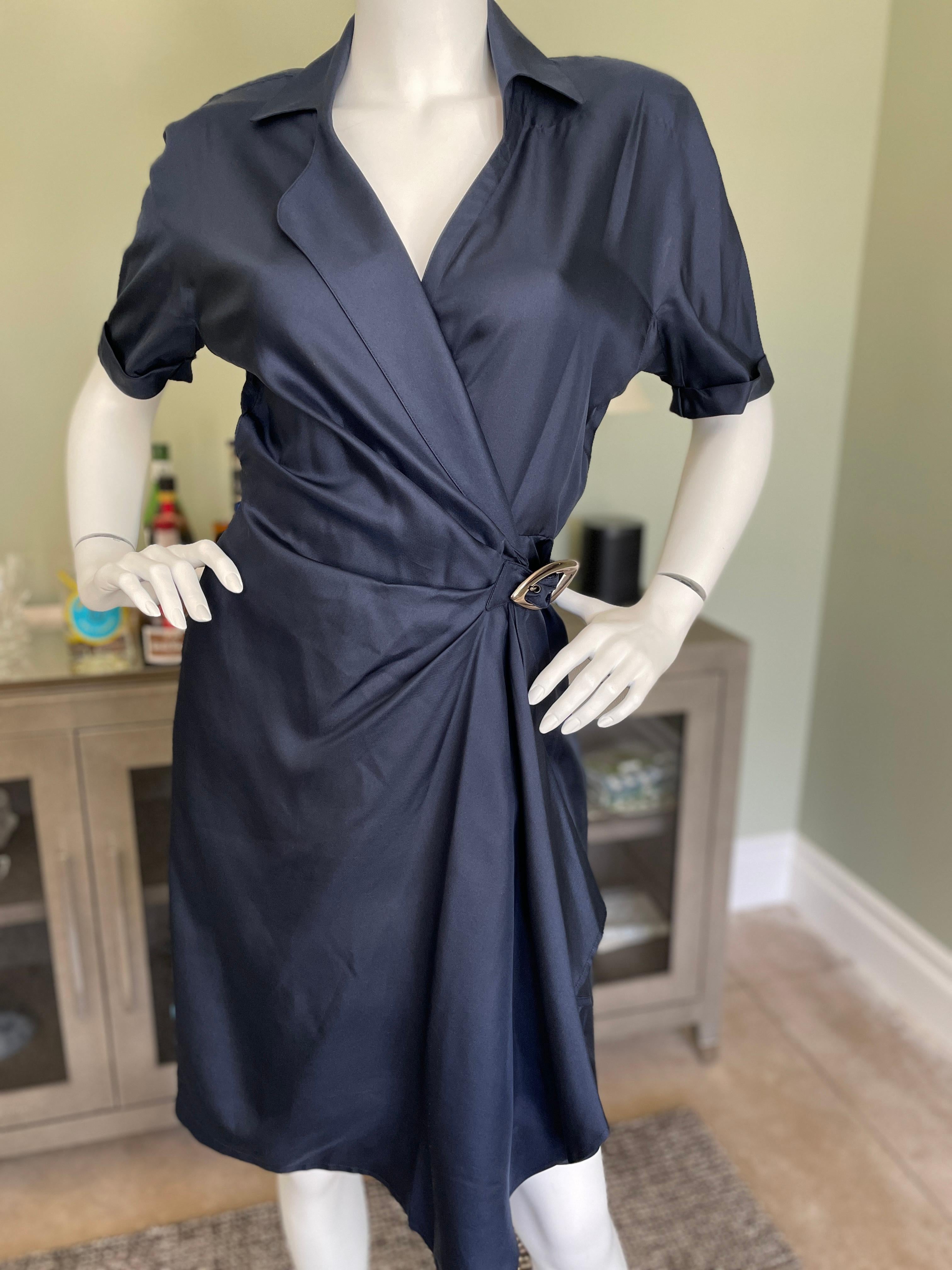 Black Thierry Mugler Vintage 1980's Navy Blue Silk Wrap Style Dress w Mod Buckle
