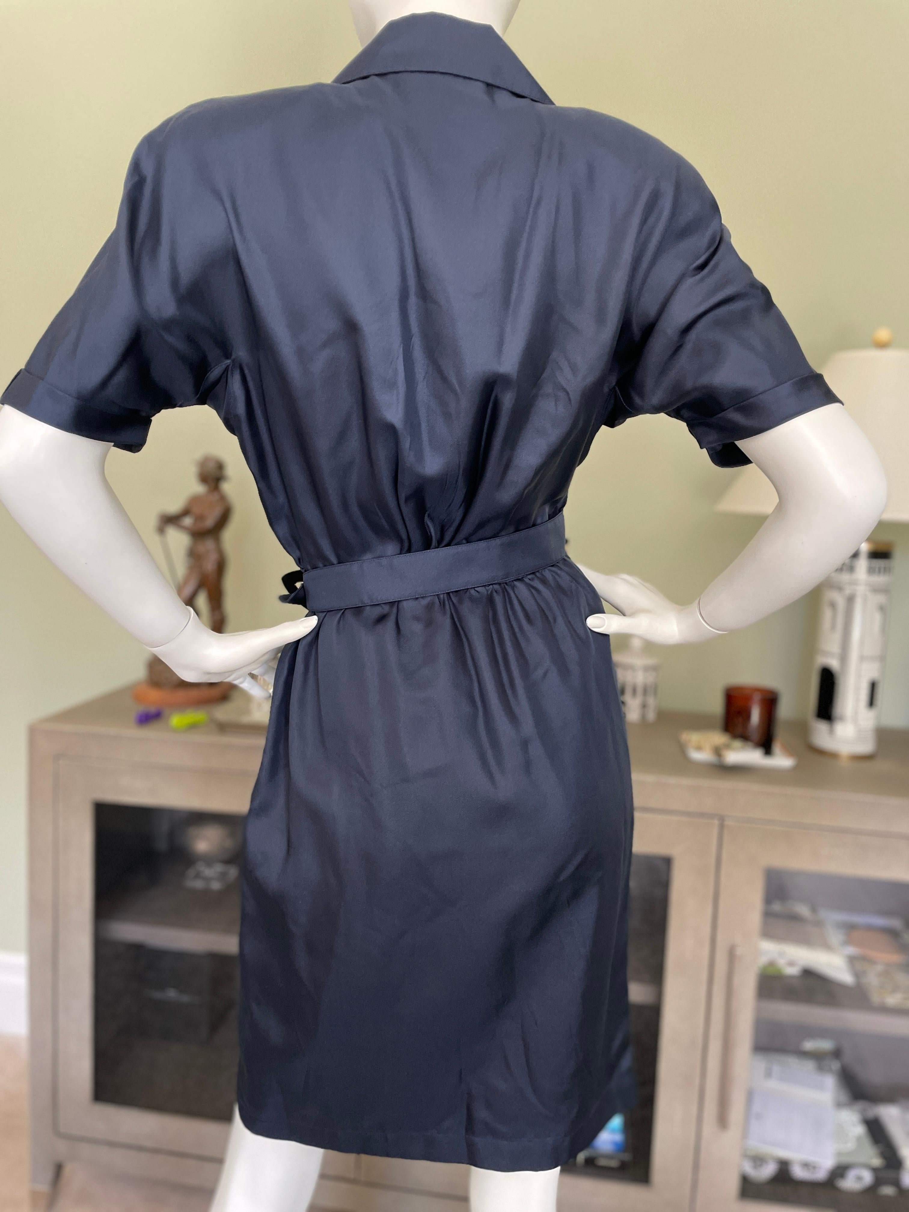 Thierry Mugler Vintage 1980's Navy Blue Silk Wrap Style Dress w Mod Buckle In Excellent Condition In Cloverdale, CA