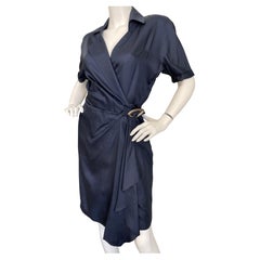 Thierry Mugler Vintage 1980's Navy Blue Silk Wrap Style Dress w Mod Buckle