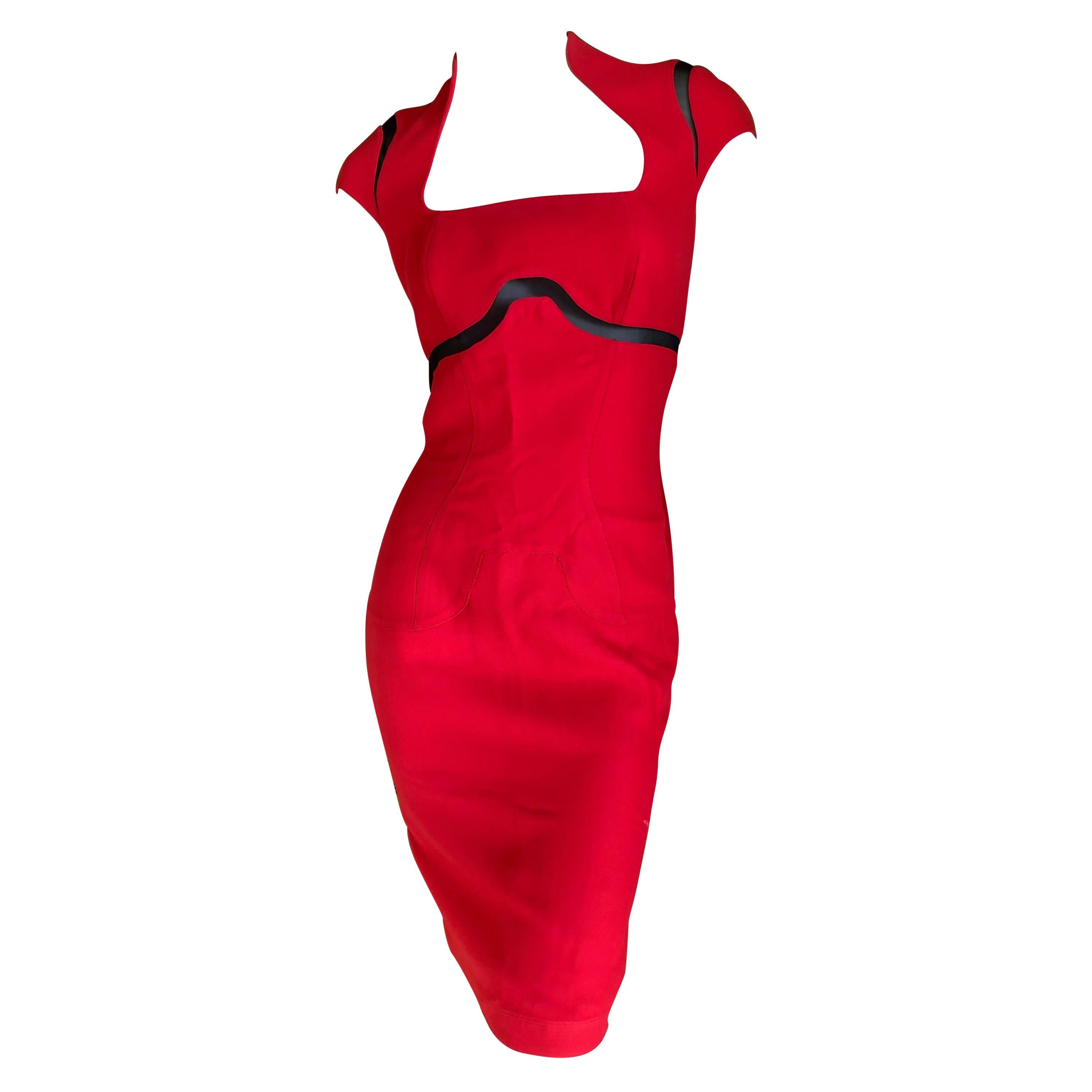 Thierry Mugler Vintage 1980's Red Cocktail Dress with Sheer Inserts For Sale