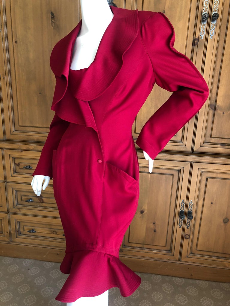 F/W 1999 Thierry Mugler Red Buclé Asymmetric Chain Runway Bodycon Wool Dress main image 1