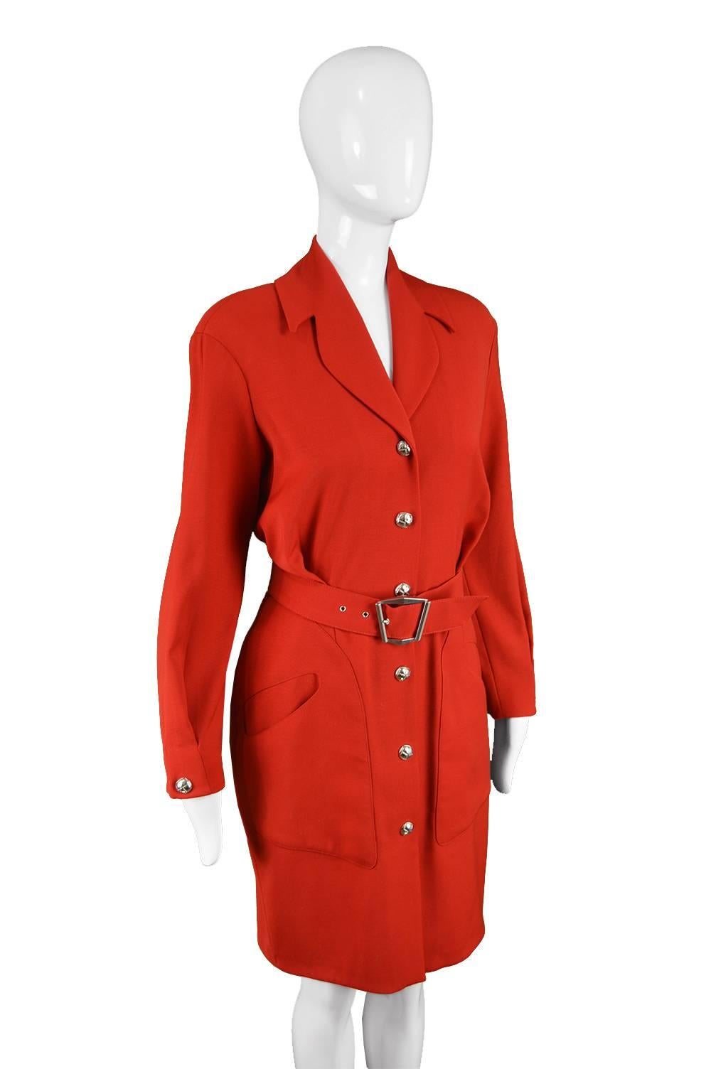 Thierry Mugler Vintage 1980s Red Wool Long Sleeve Blouson Fit Shirt Dress In Excellent Condition For Sale In Doncaster, South Yorkshire