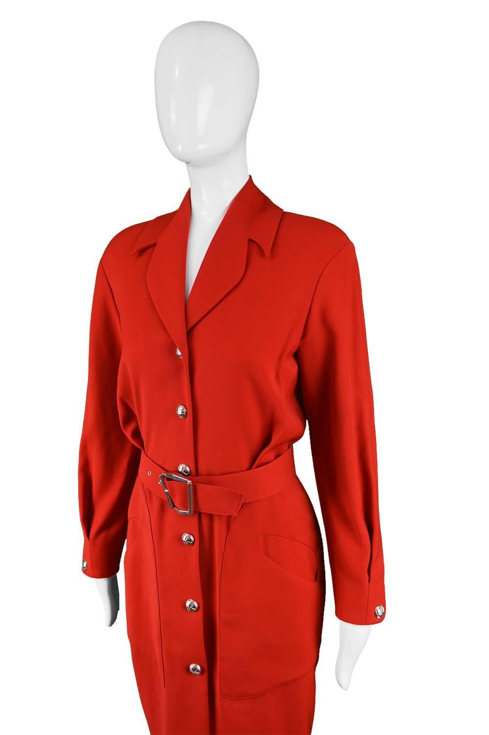 Thierry Mugler Vintage 1980s Red Wool Long Sleeve Blouson Fit Shirt Dress For Sale 1