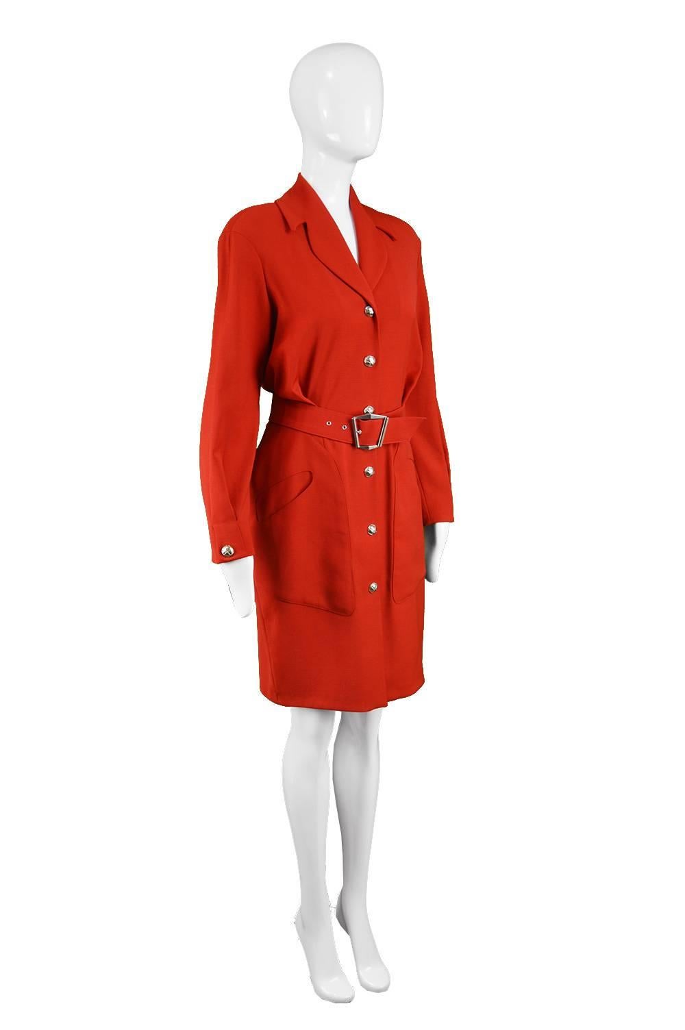 Thierry Mugler Vintage 1980s Red Wool Long Sleeve Blouson Fit Shirt Dress For Sale 2