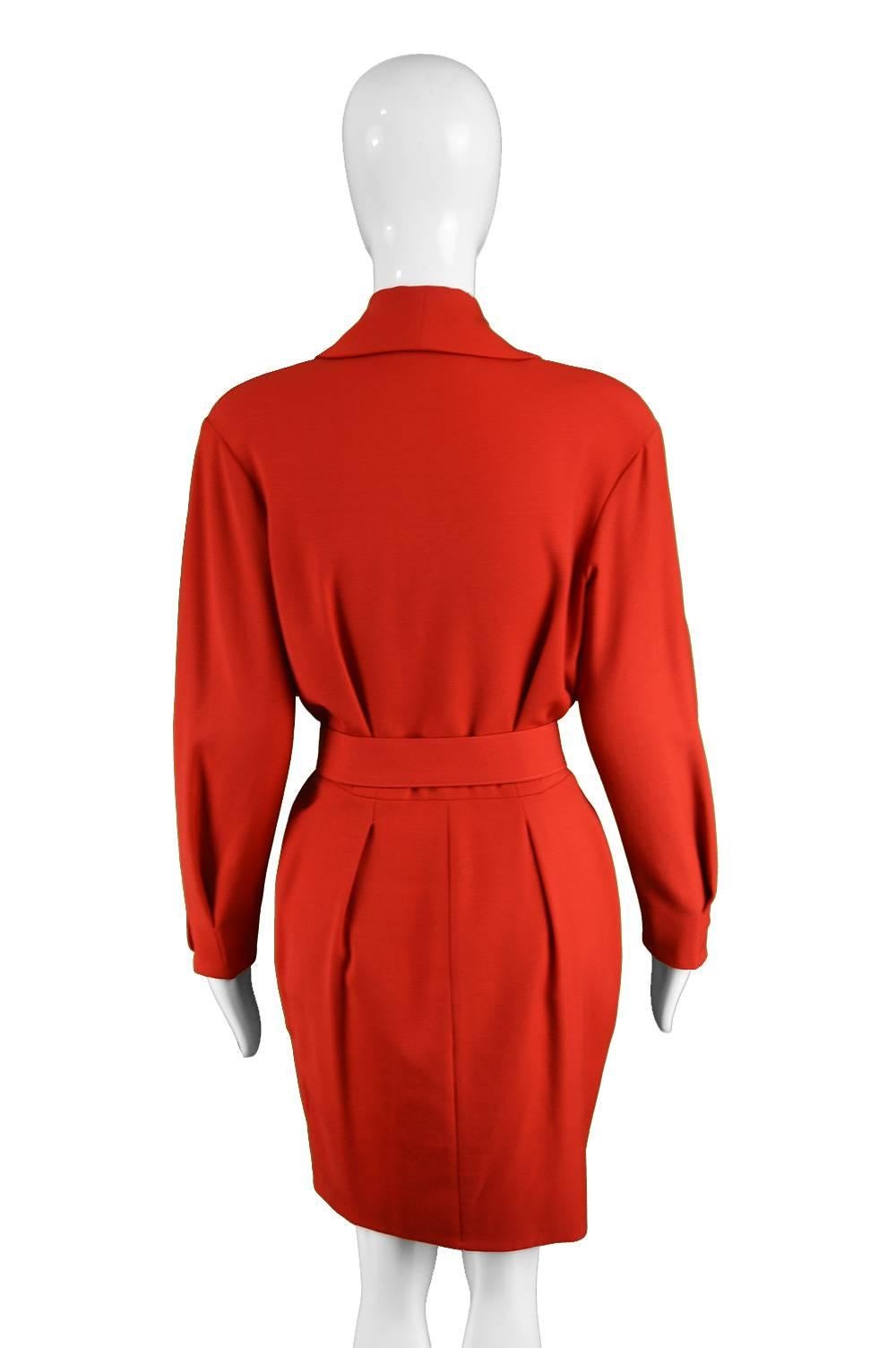Thierry Mugler Vintage 1980s Red Wool Long Sleeve Blouson Fit Shirt Dress For Sale 3