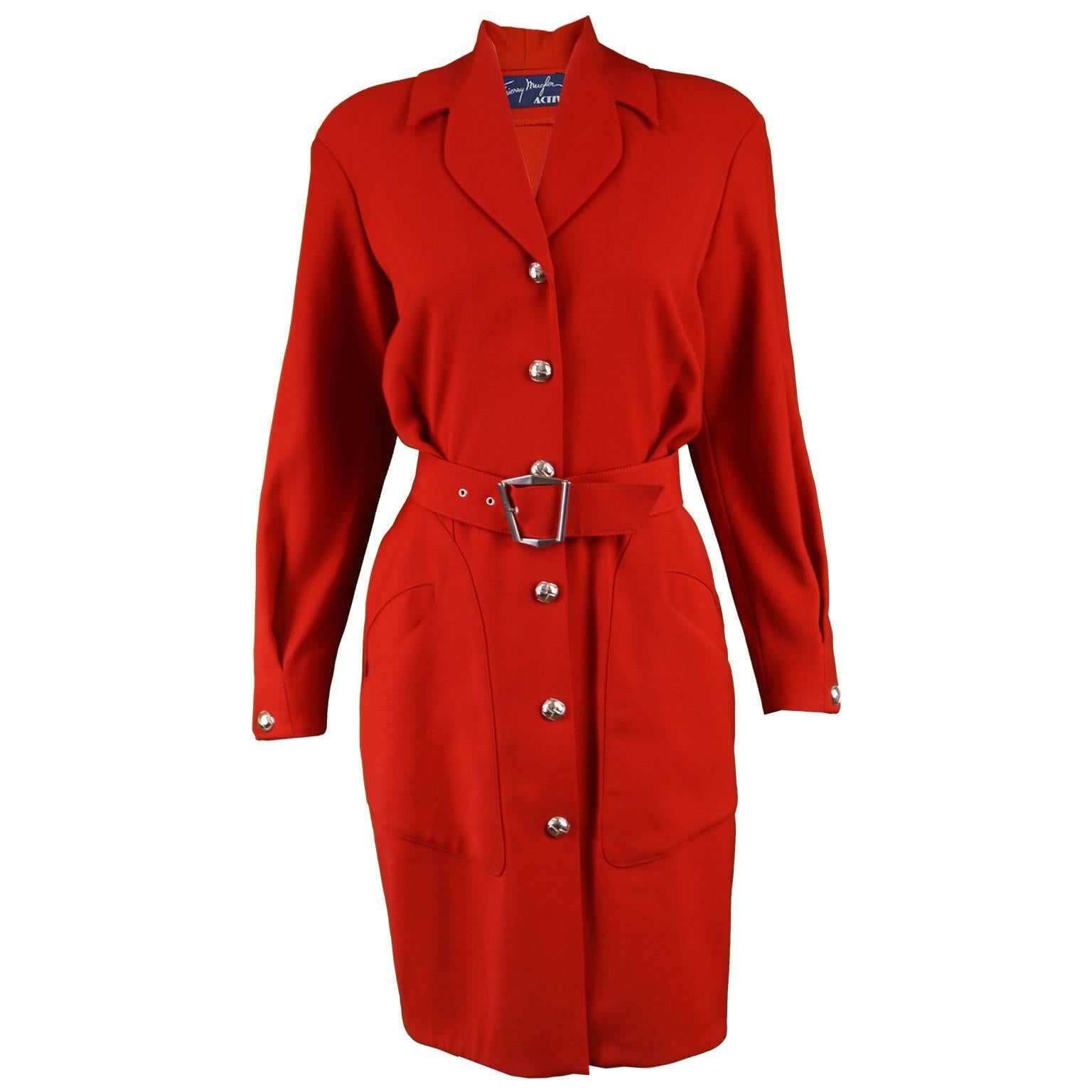 Thierry Mugler Vintage 1980s Red Wool Long Sleeve Blouson Fit Shirt Dress For Sale
