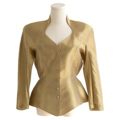 Thierry Mugler Vintage 1980s Sculptural Liquid Gold Fitted Silk Jacket