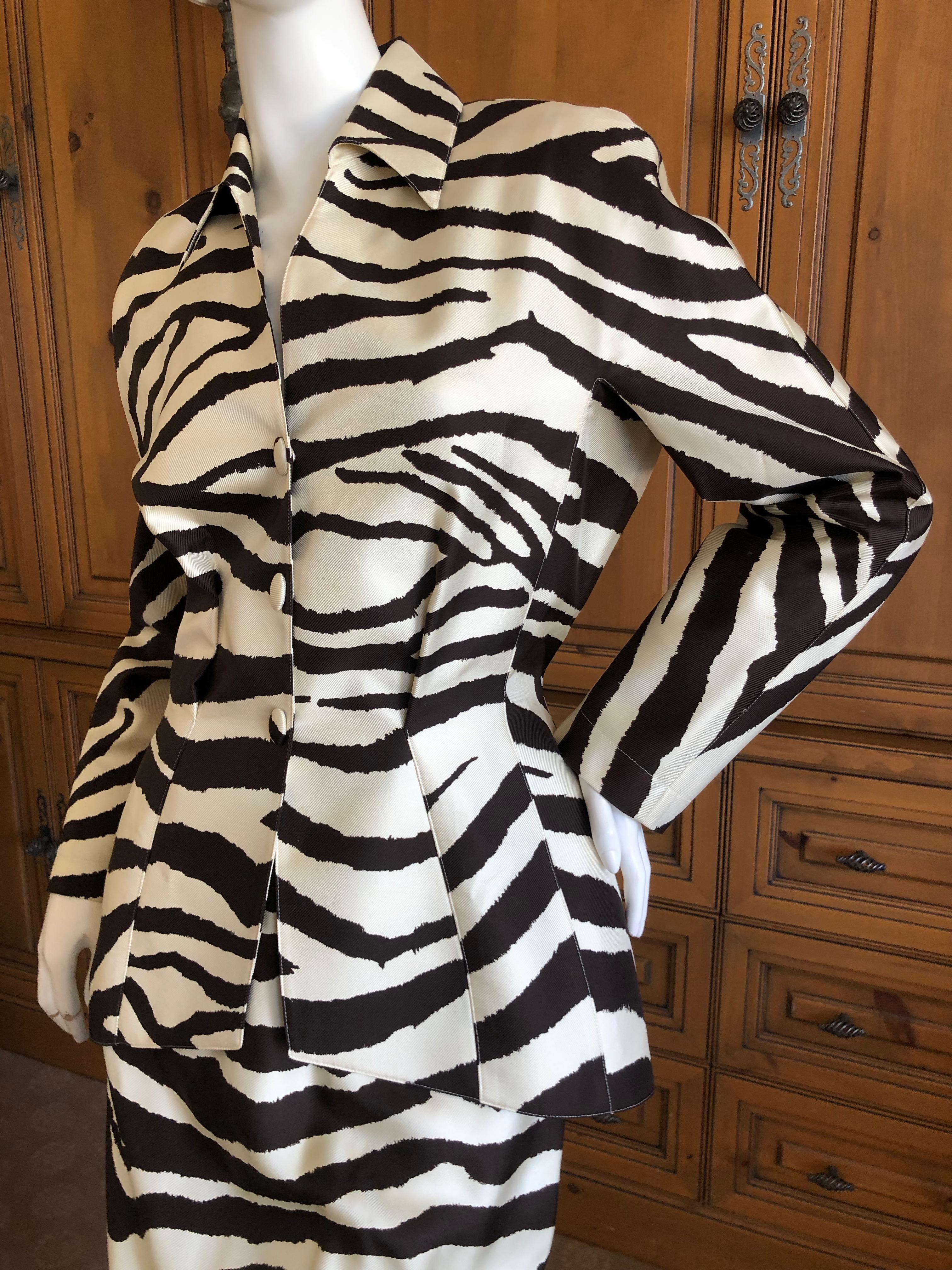 Gray Thierry Mugler Vintage 1980's Silk Scarf Twill Zebra Pattern Suit For Sale