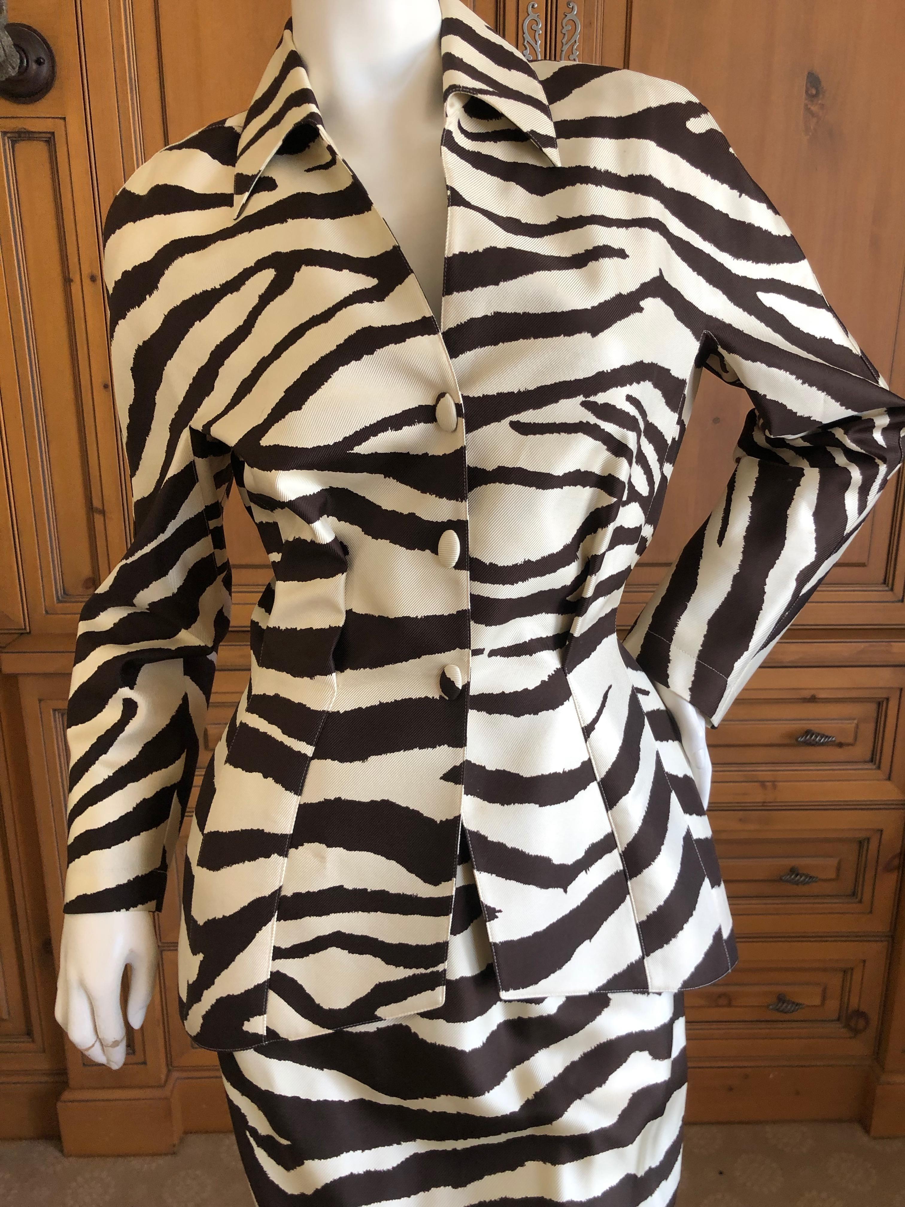 Thierry Mugler Vintage 1980's Silk Scarf Twill Zebra Pattern Suit In Excellent Condition For Sale In Cloverdale, CA