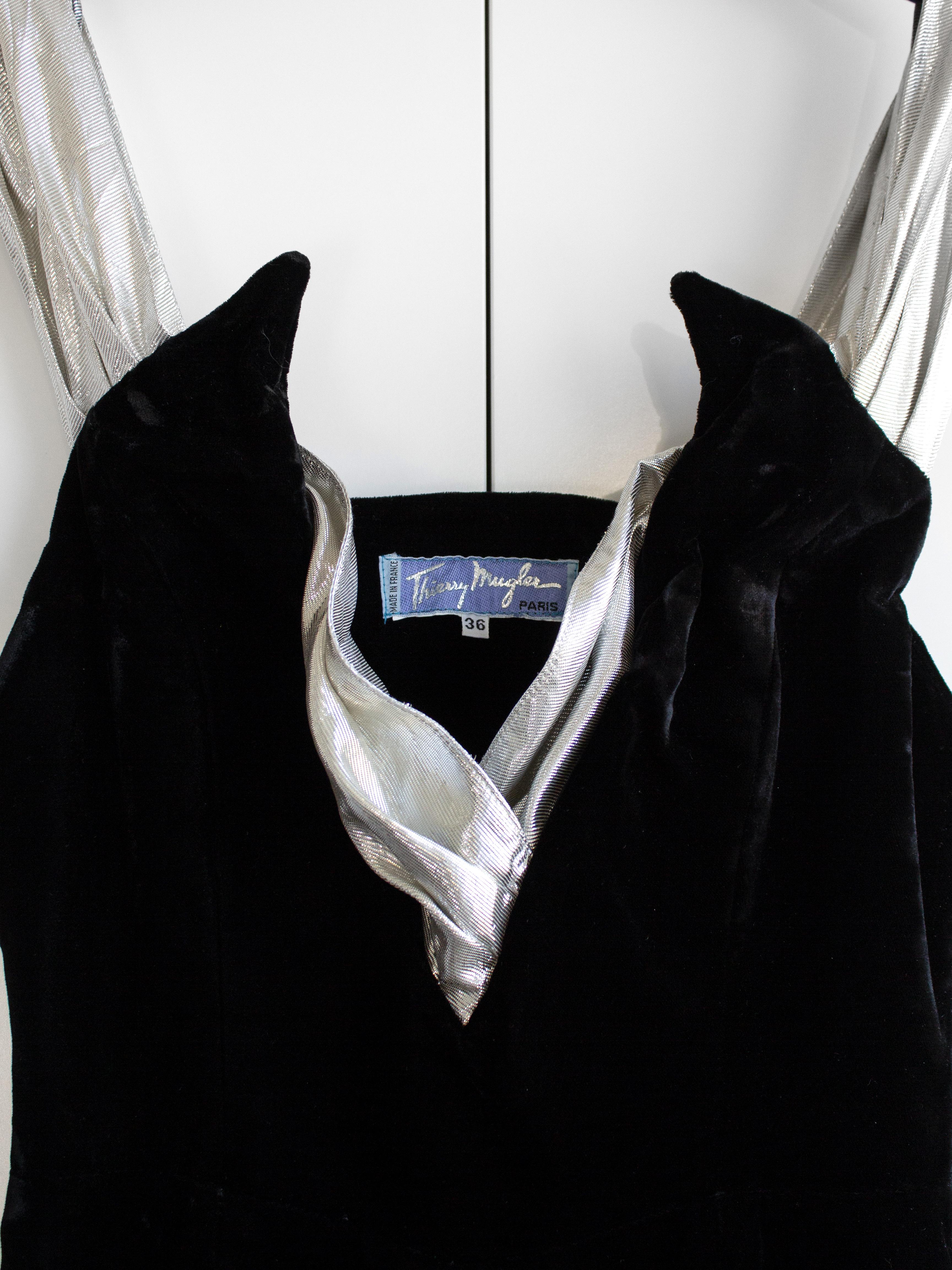 Thierry Mugler Vintage 1990s Black Velvet Silver Lame Winged Vampire Dress For Sale 1