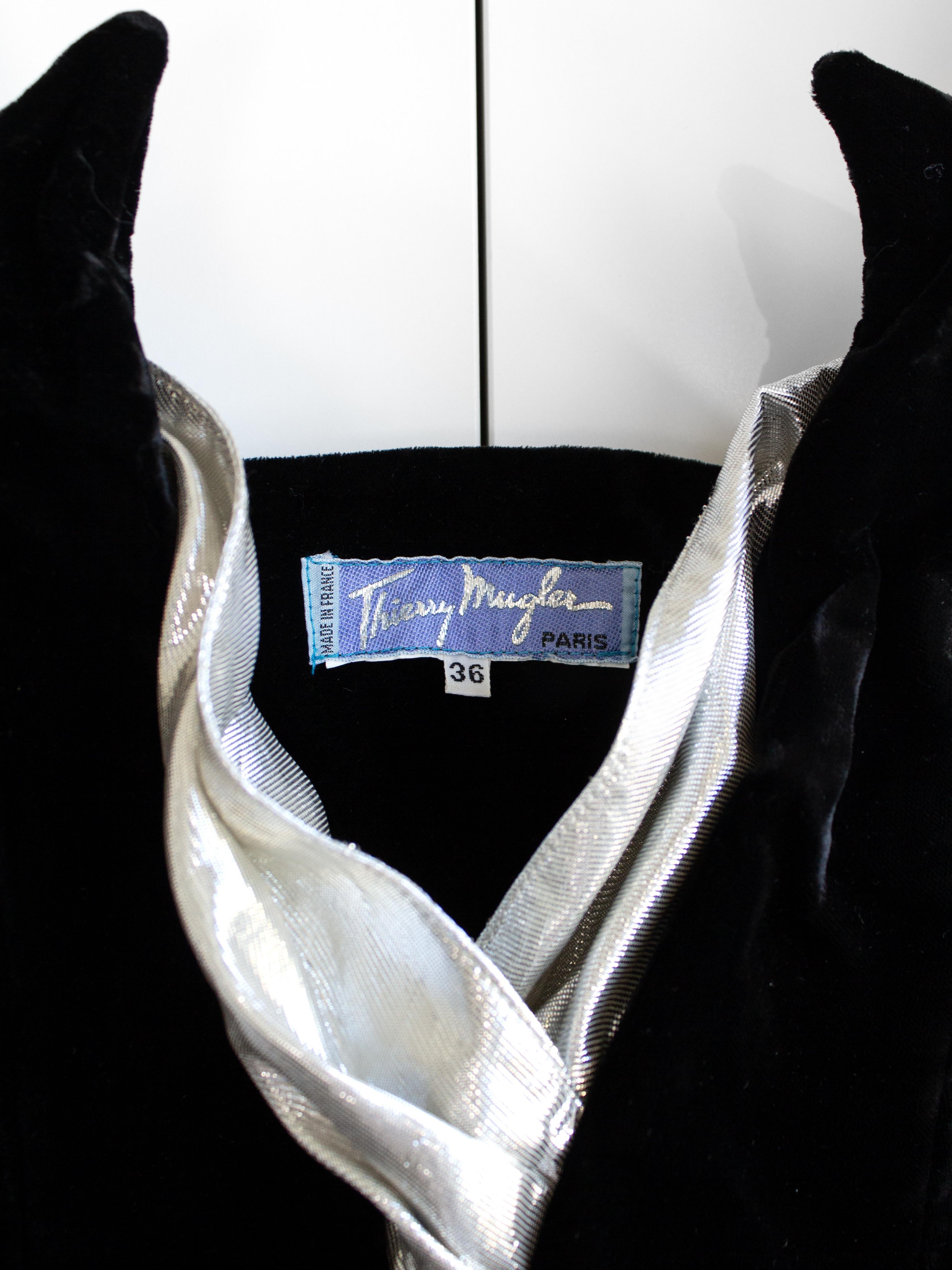 Thierry Mugler Vintage 1990s Black Velvet Silver Lame Winged Vampire Dress For Sale 2