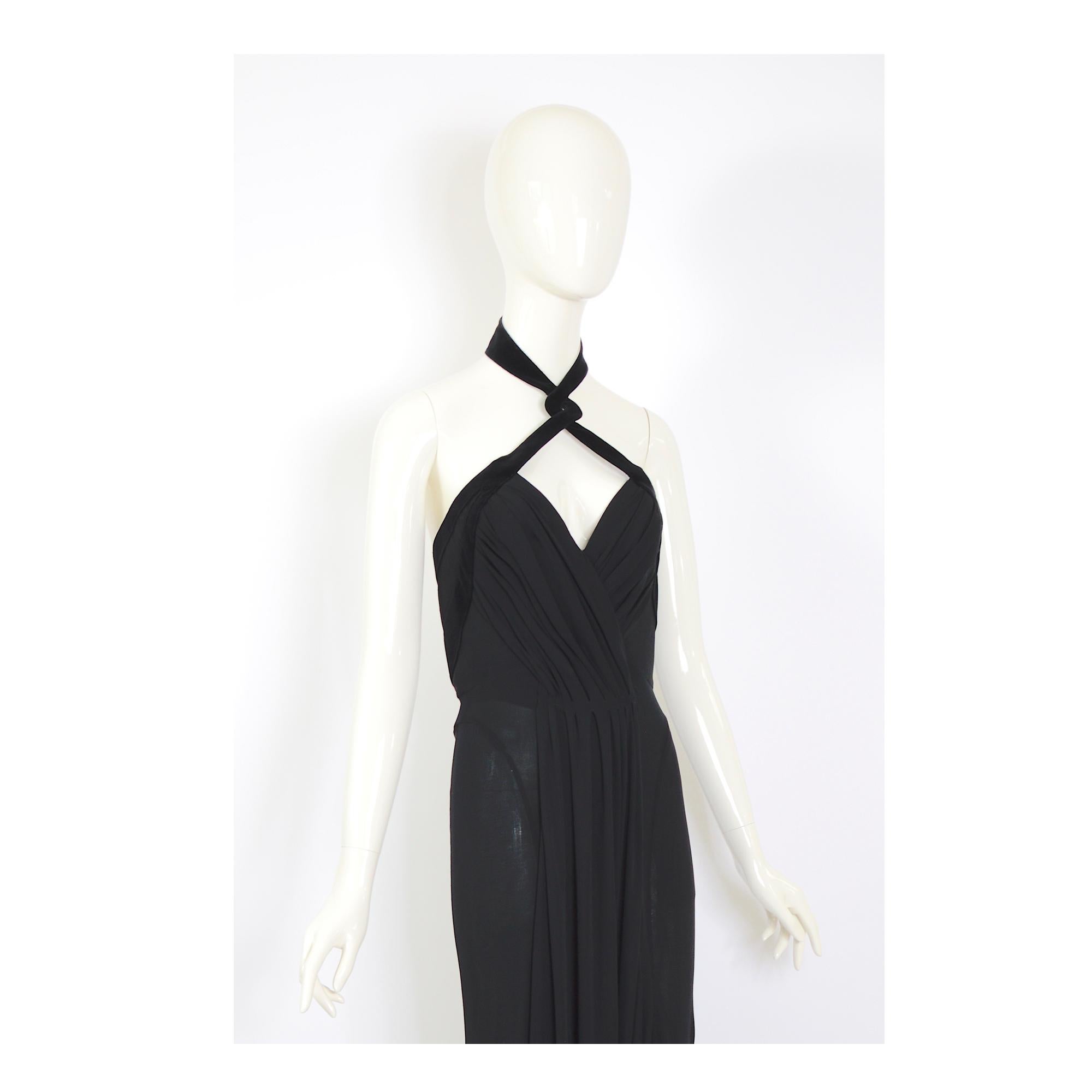 Black Thierry Mugler vintage F/W 1998 draped black with velvet trimmed halter dress