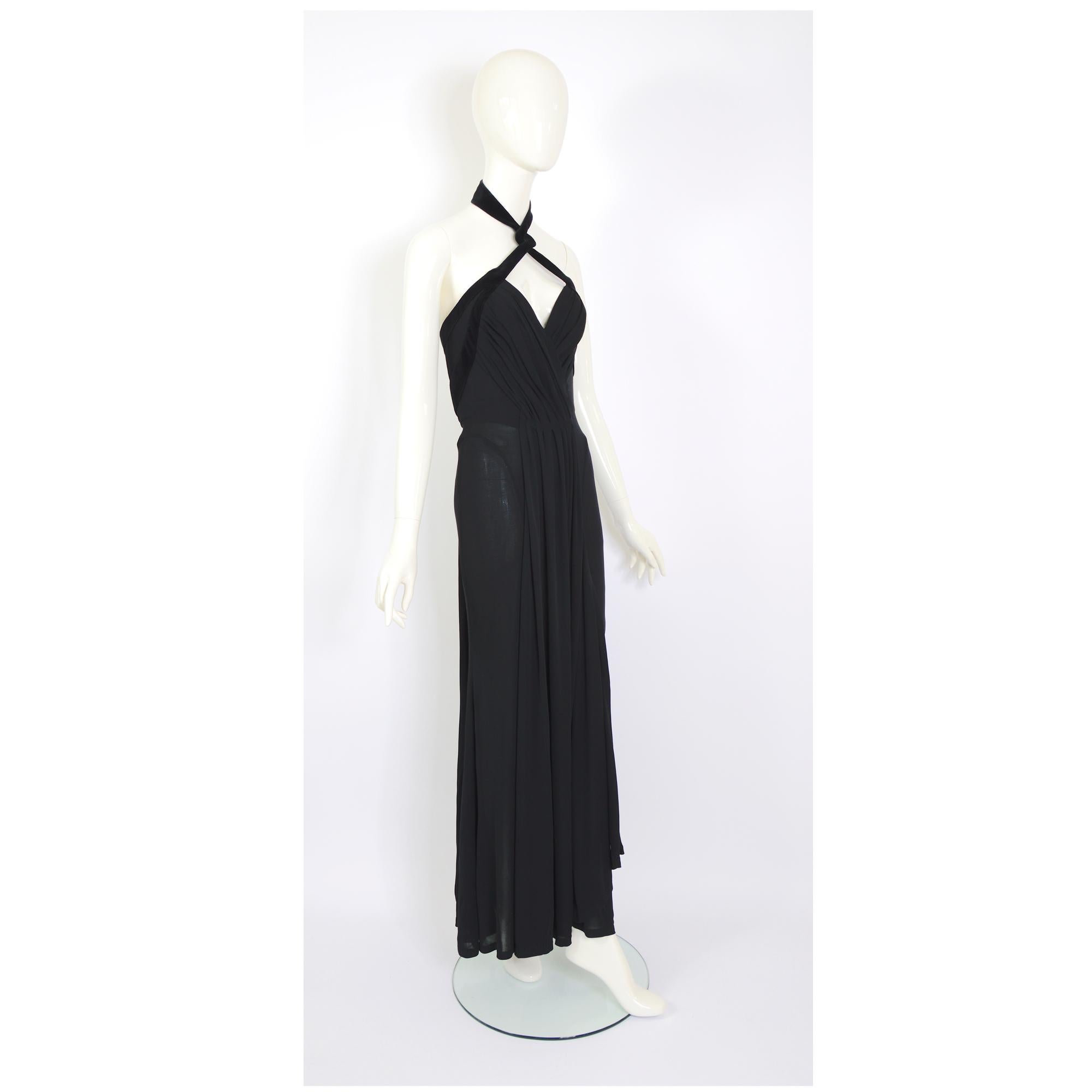 Women's Thierry Mugler vintage F/W 1998 draped black with velvet trimmed halter dress